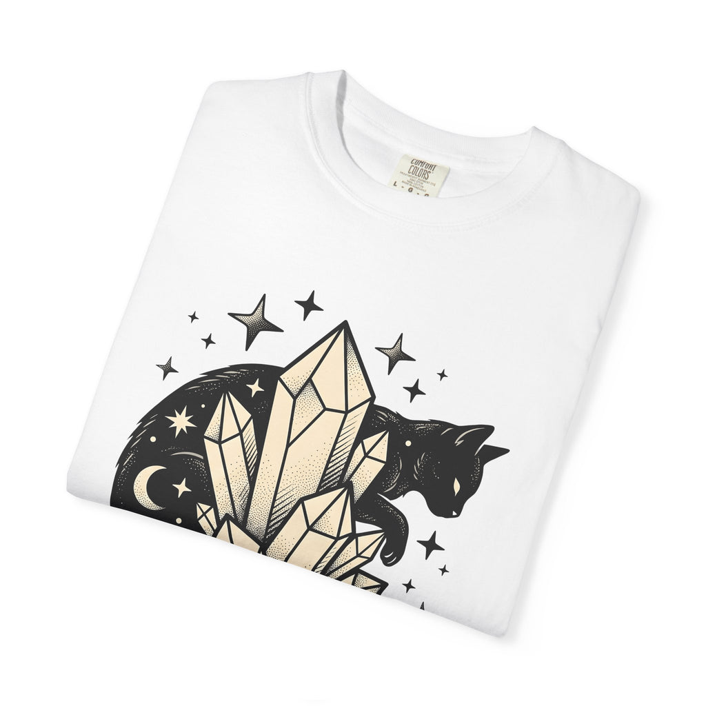 Black Cat Crystal Shirt Cat Alternative Gift Women Witchy Tee Crystal Cat T-Shirt Cat Fan Mystical Tshirt Gothic Graphic Sketch Stars Tshirt