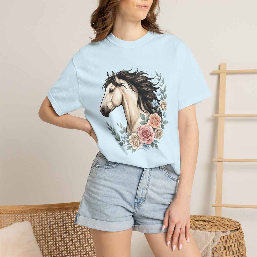 Horse Flower Shirt Boho Chic Wildlife Gift Women Paint Tee Equine T-Shirt Hippie Fan Bohemian Tshirt Animal Graphic Sketch Rose Tshirt