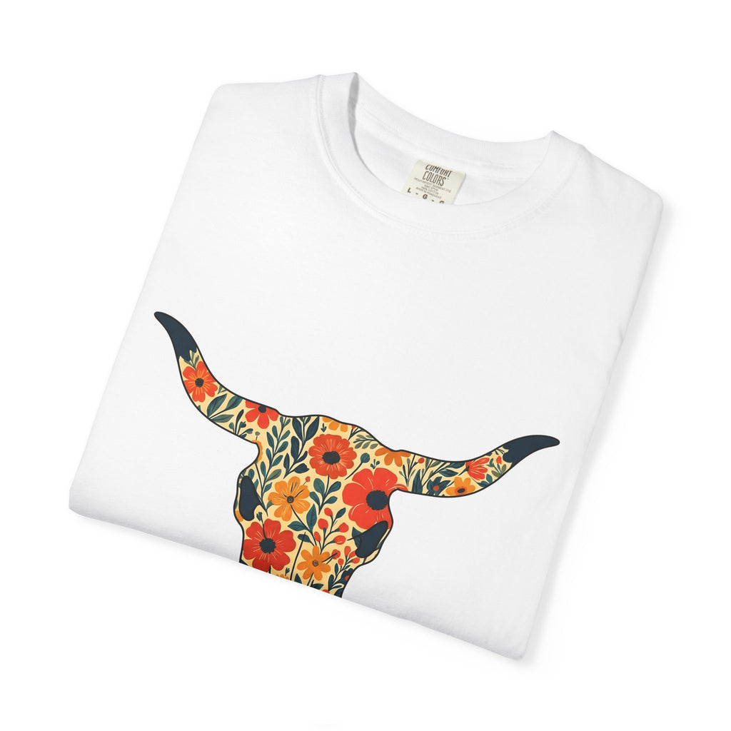 Steer Skull Shirt Cowgirl Ranch Gift Women Southwestern Tee Bull Skull T-Shirt Rodeo Fan Western Tshirt Farm Graphic Sketch Prairie Flowers