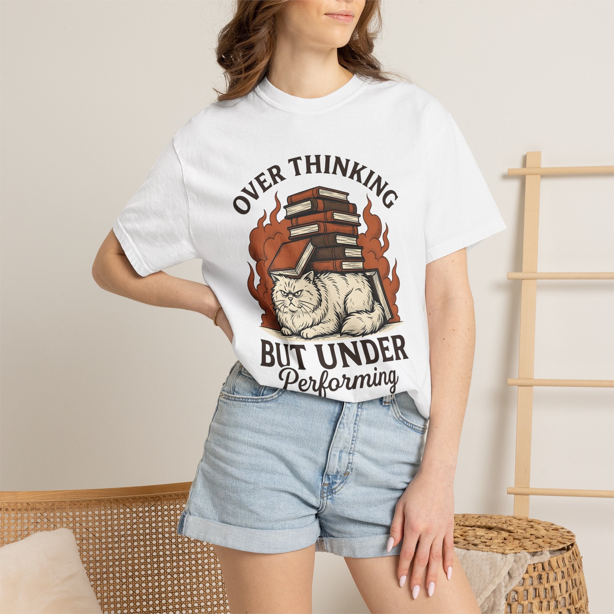 Grumpy Cat Shirt Cat Bookworm Gift Women Vintage Tee Kitty T-Shirt Feline Fan Retro Tshirt Bibliophile Graphic Hand Drawn Stacked Books