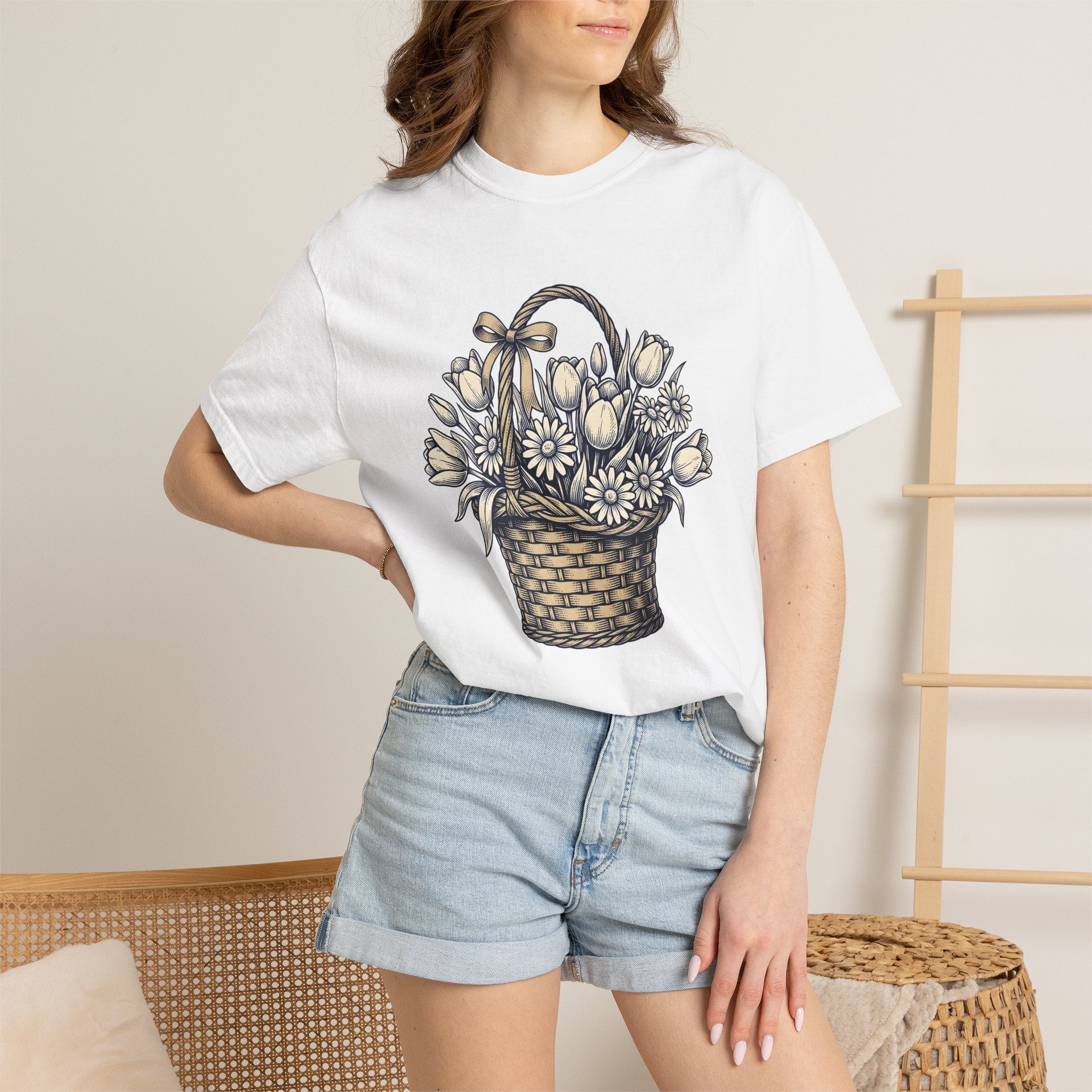 Spring Flowers Shirt Easter Arrangement Gift Women Cartoon Tee Florals T-Shirt Easter Fan Comic Tshirt Bouquet Graphic Illustration Bowtie