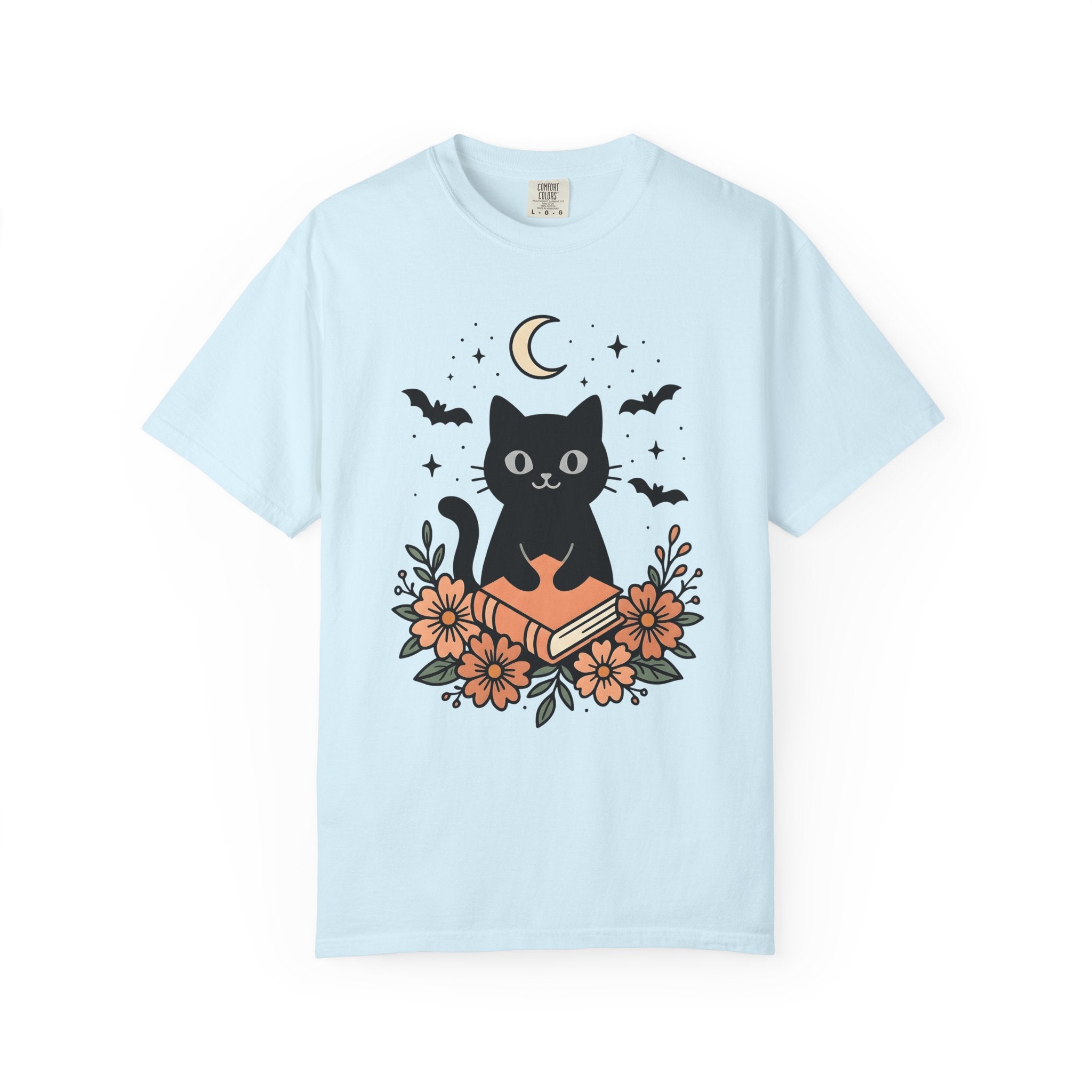 Black Cat Shirt Halloween Sorcery Gift Women Line Art Tee Cat T-Shirt Horror Fan Dark Magic Tshirt Witchcraft Graphic Sketch Night Moon