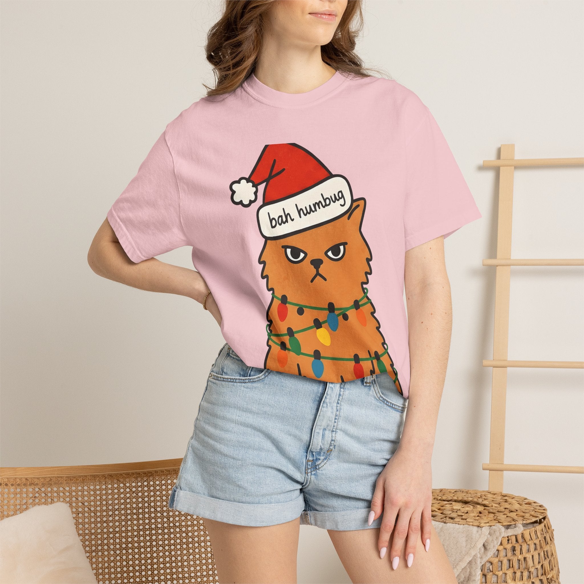 Annoyed Cat Shirt Christmas Comedy Gift Women Illustration Tee Kitty T-Shirt Xmas Fan Feline Tshirt Humor Graphic Sketch Festive Lights