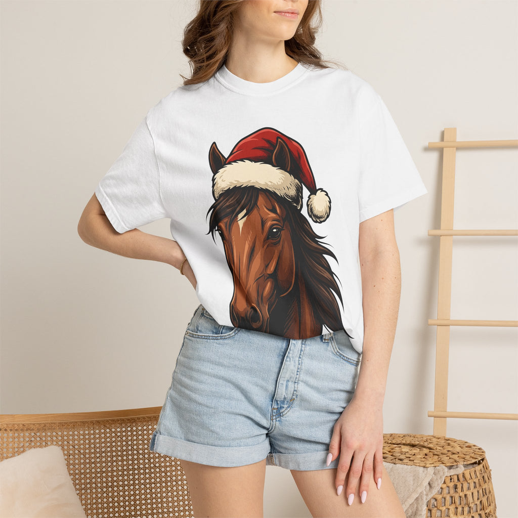 Horse Santa Hat Shirt Christmas Animal Gift Women Line Art Tee Equine T-Shirt Xmas Fan Horse Drawing Graphic Sketch Santa Hat Tshirt