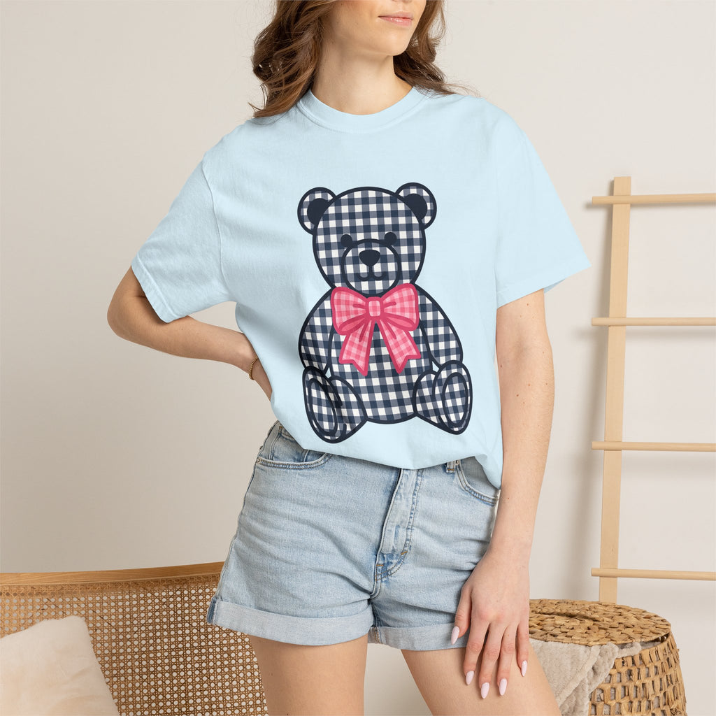 Plaid Teddy Bear Shirt Cute Animal Gift Women Kawaii Tee Teddy Bear T-Shirt Cute Fan Cartoon Tshirt Creature Graphic Minimalist Pink Bow