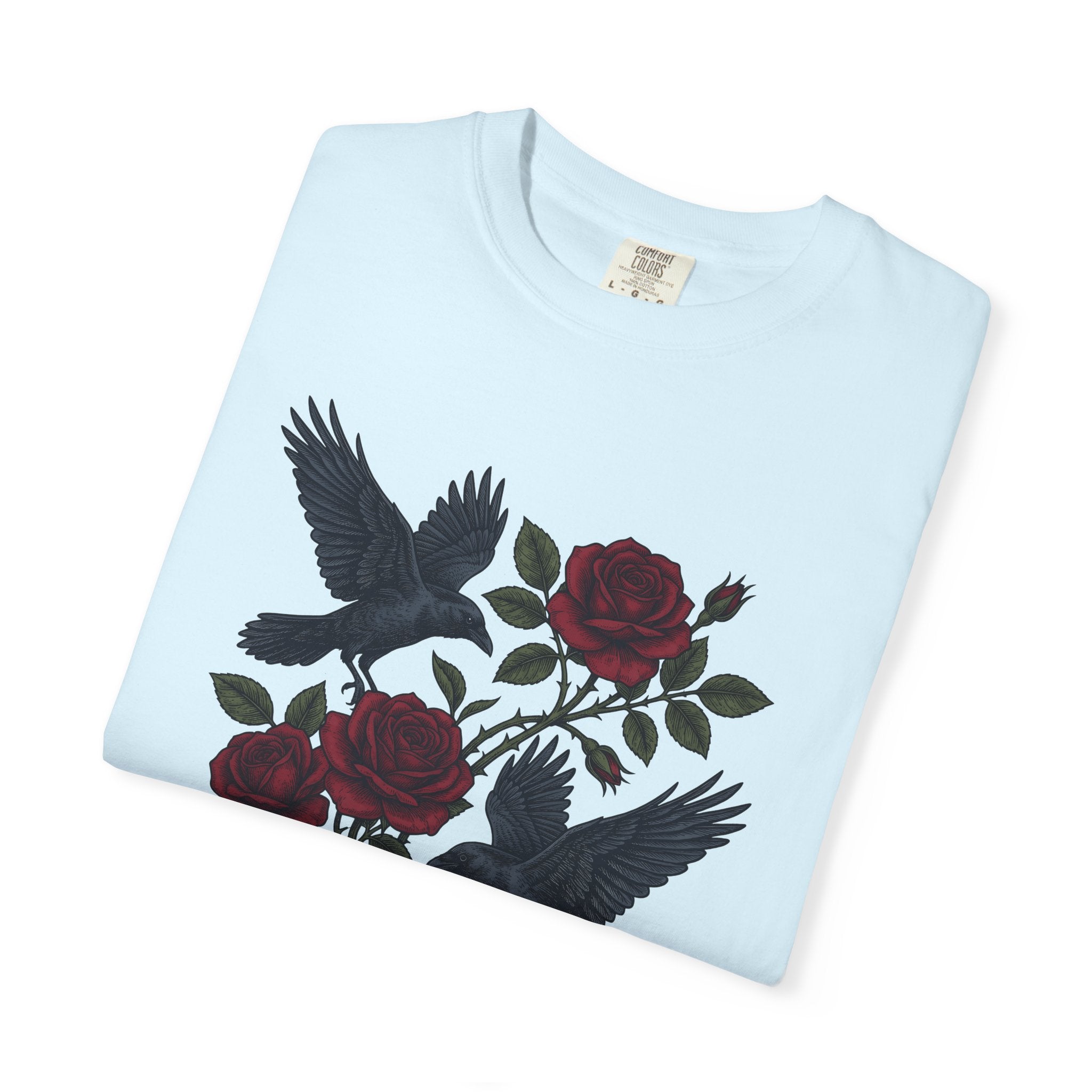 Blackbird Rose Shirt Animals & Flowers Gothic Gift Women Sketch Tee Black Rose T-Shirt Floral Fan Drawing Graphic Dark Old School Branches