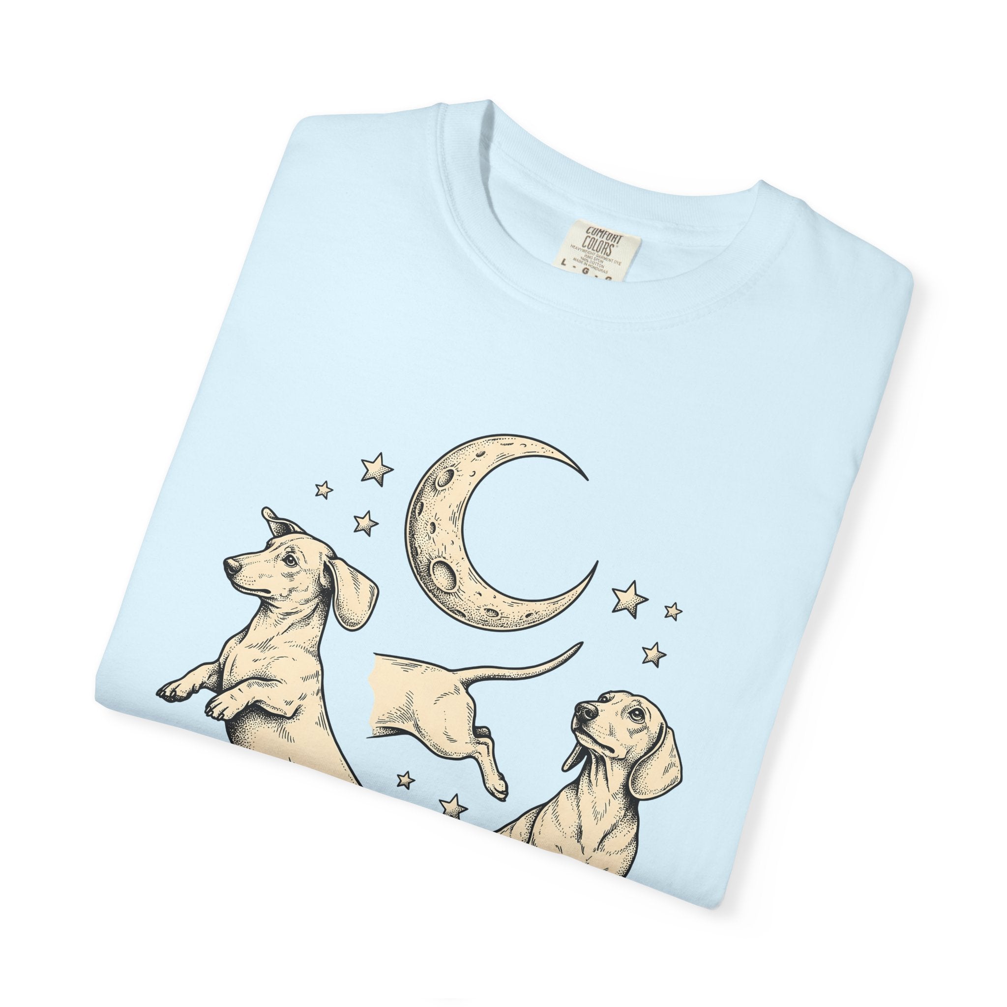 Dachshund Pups Shirt Dog Astrology Gift Women Sketch Tee Wiener Dog T-Shirt Dog Fan Doodle Graphic Tshirt Retro Crescent Moon Tshirt