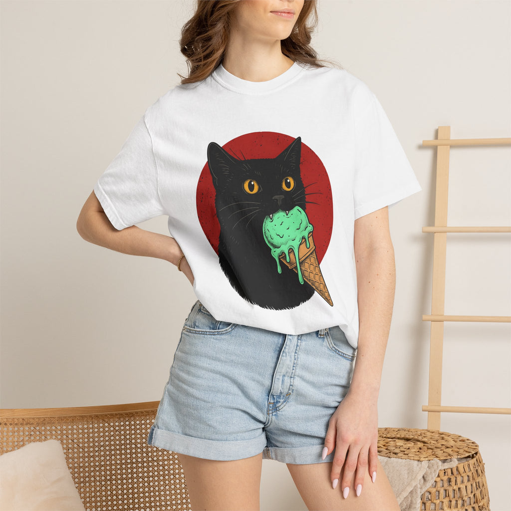 Black Cat Shirt Cat Culinary Gift Women Modern Graphic Tee Cat T-Shirt Feline Fan Kitty Tshirt Foodie Design Classic Ice Cream Cone Tshirt