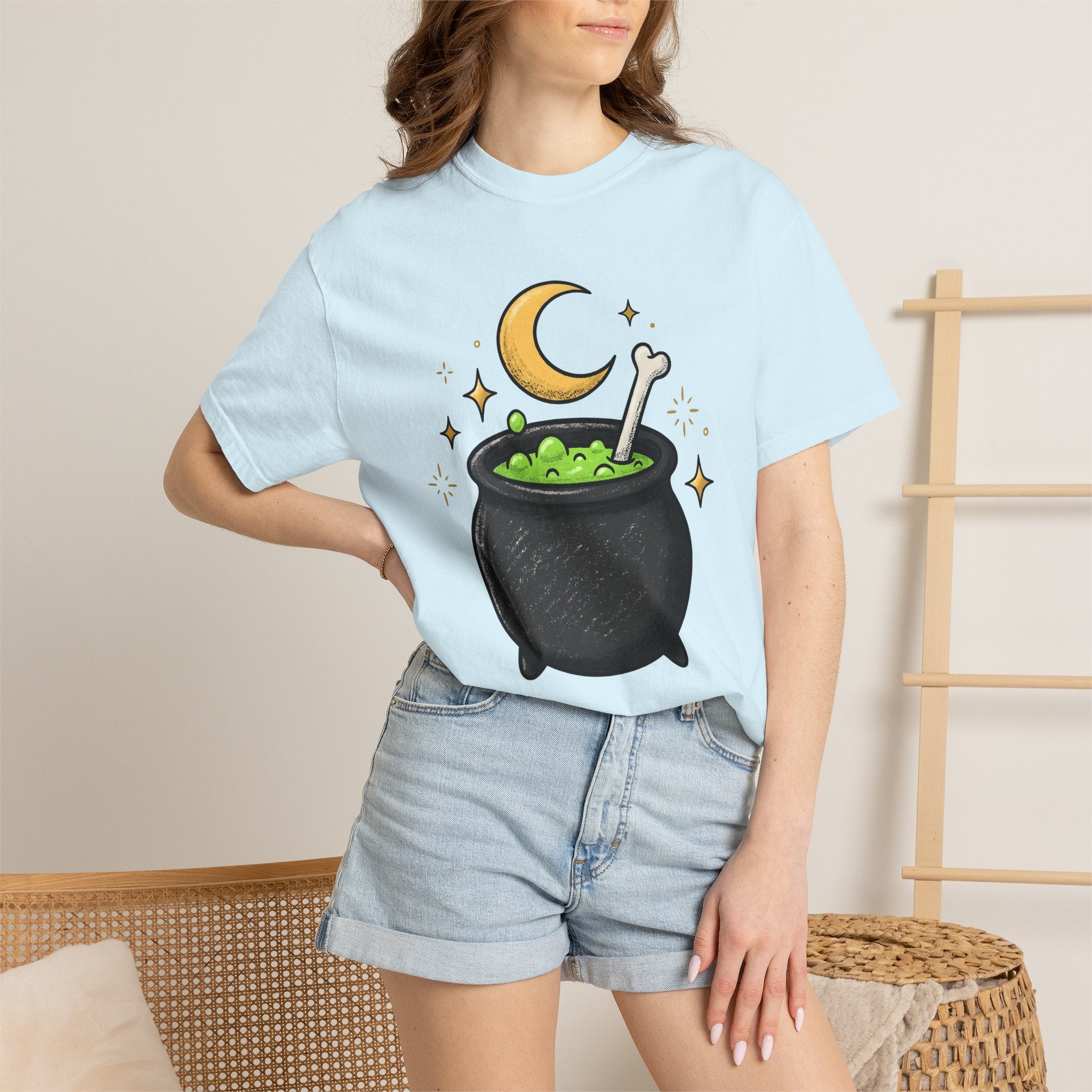 Magic Cauldron Shirt Halloween Sorcery Gift Women Animated Tee Cauldron T-Shirt Spooky Fan Cartoon Tshirt Witchcraft Graphic Doodle Lunar