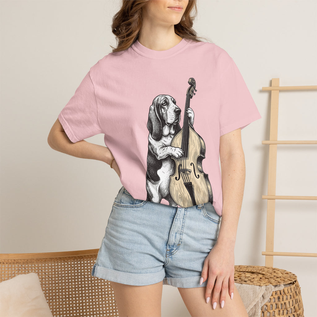 Basset Hound Shirt Dog Music Gift Women Hand Drawn Tee Hound Dog T-Shirt Dog Fan Illustrated Graphic Tshirt Vintage Upright Bass Tshirt