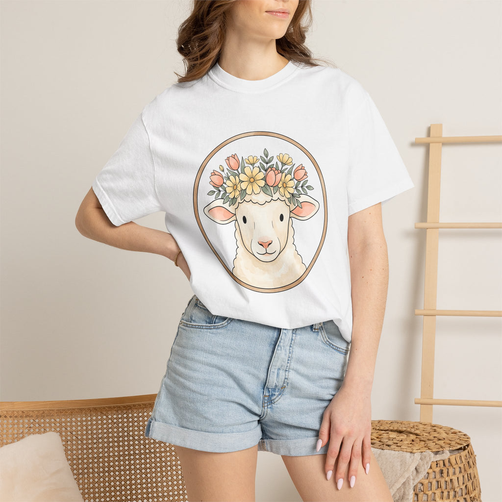 Lamb Floral Garland Shirt Easter Flora Gift Women Illustration Tee Wreath T-Shirt Spring Fan Floral Tshirt Botanical Graphic Doodle Tulip