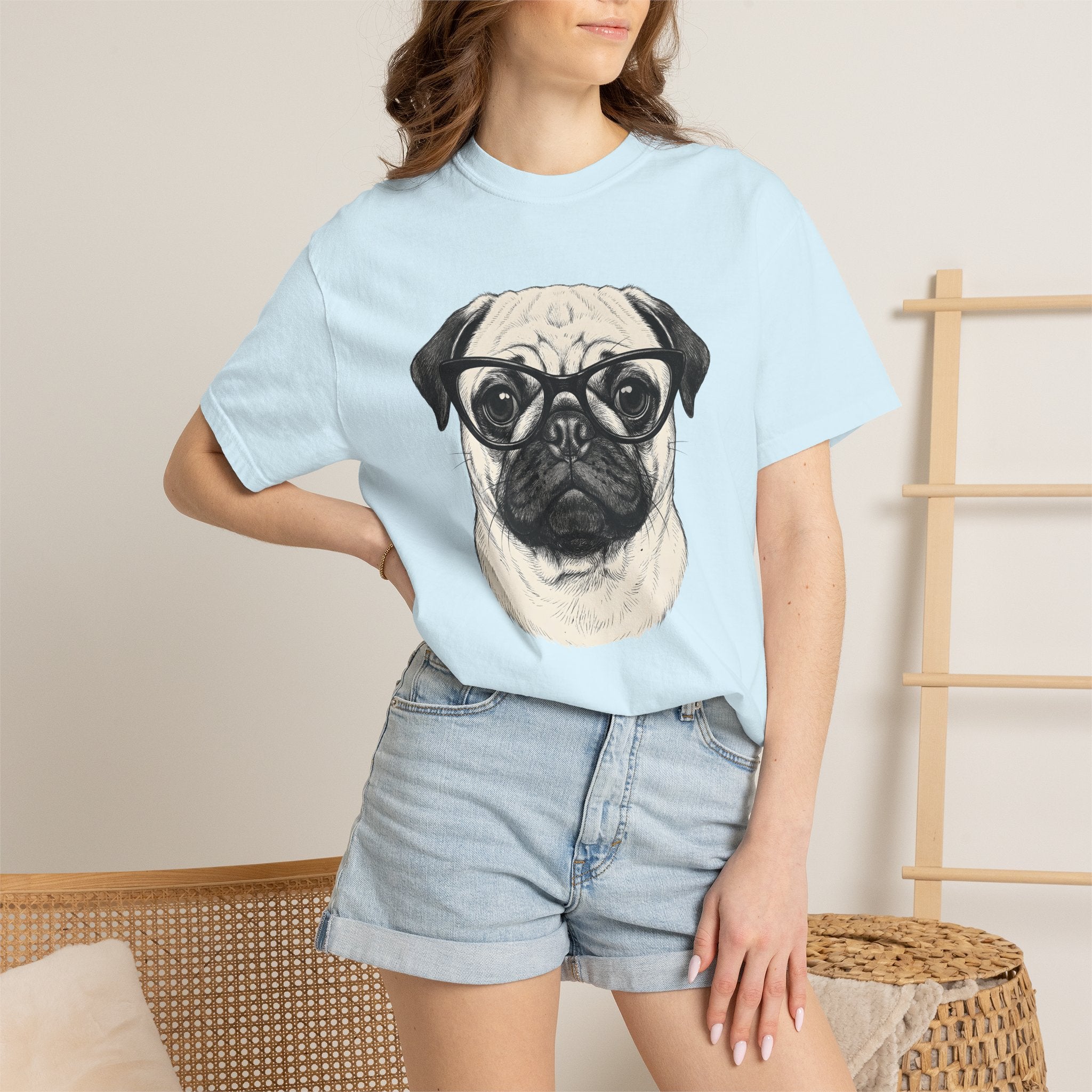 Pug Canine Shirt Dog Wildlife Gift Women Line Art Tee Dog T-Shirt Dog Fan Illustrated Graphic Tshirt Hand Drawn Spectacles Tshirt