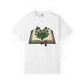 Lucky Leaf Book Shirt St Patrick's Day Amulet Gift Women Hand Drawn Tee Book T-Shirt Patrick's Day Enthusiast Illustrated Graphic Tshirt