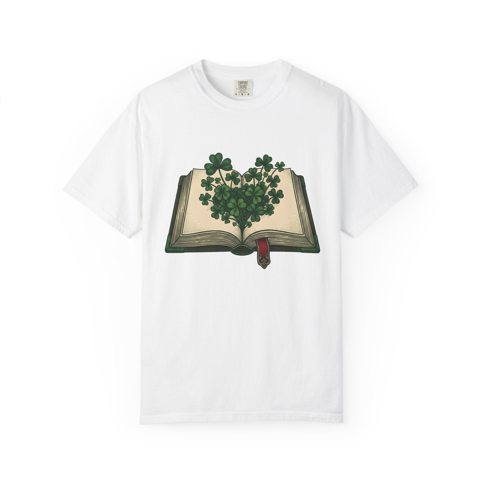 Lucky Leaf Book Shirt St Patrick's Day Amulet Gift Women Hand Drawn Tee Book T-Shirt Patrick's Day Enthusiast Illustrated Graphic Tshirt