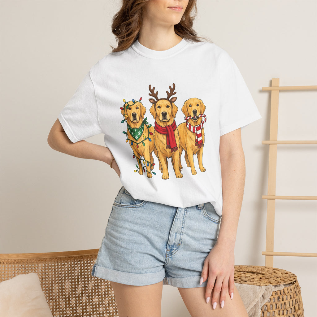 Retriever Dog Shirt Christmas Pets Gift Women Sketch Tee Dog T-Shirt Christmas Fan Drawing Graphic Retro Holiday Lights Tshirt