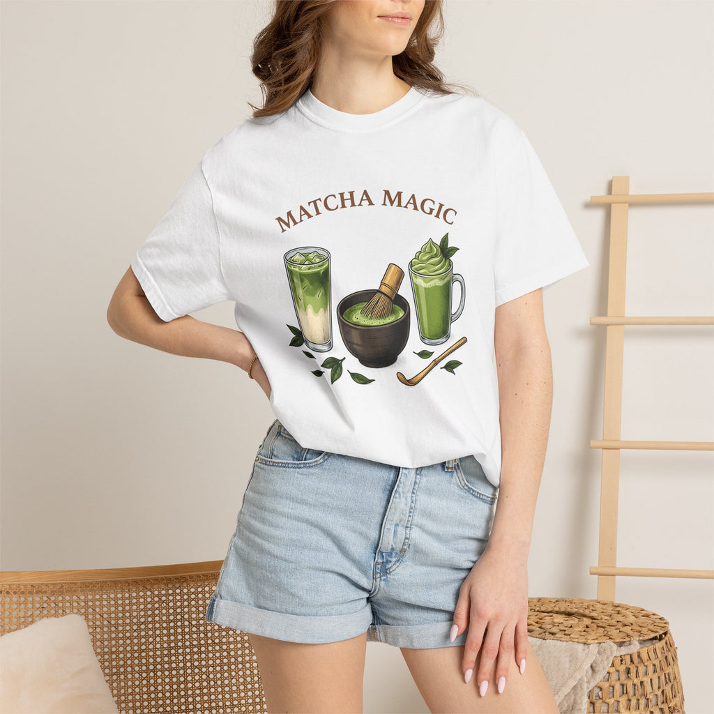 Matcha Latte Shirt Coffee Cooking Gift Women Old School Tee Green Tea T-Shirt Coffee Fan Culinary Design Tshirt Line Art Loose Tea Leaves