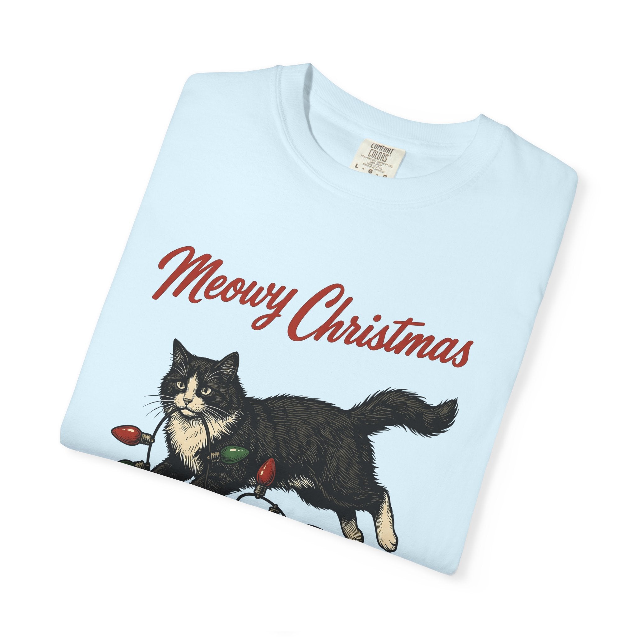 Black Kitty Shirt Christmas Animal Gift Women Sketch Tee Cat T-Shirt Xmas Fan Drawing Graphic Cartoon Festive Lights Tshirt