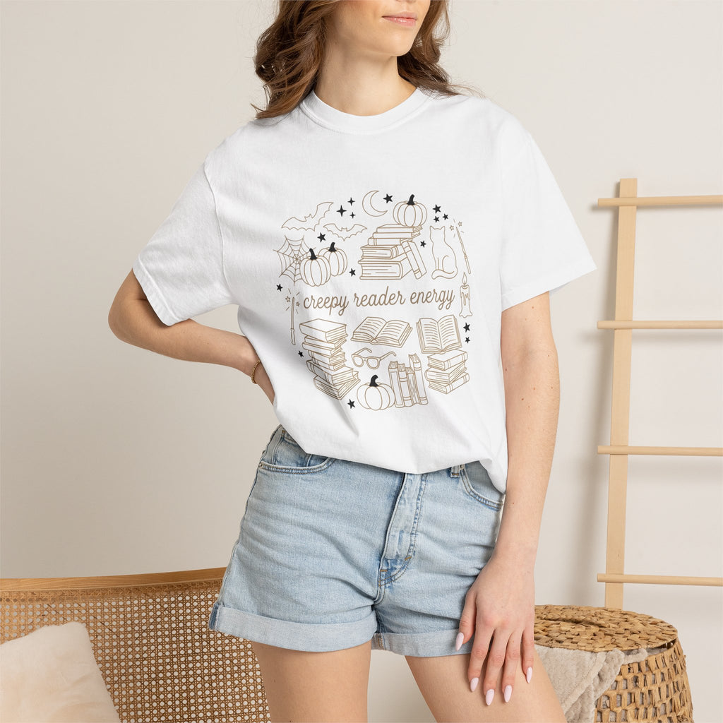 Creepy Book Pile Shirt Halloween Reader Gift Women Sketch Tee Book Stack T-Shirt Horror Fan Drawing Illustration Retro Jack-O-Lantern Tshirt