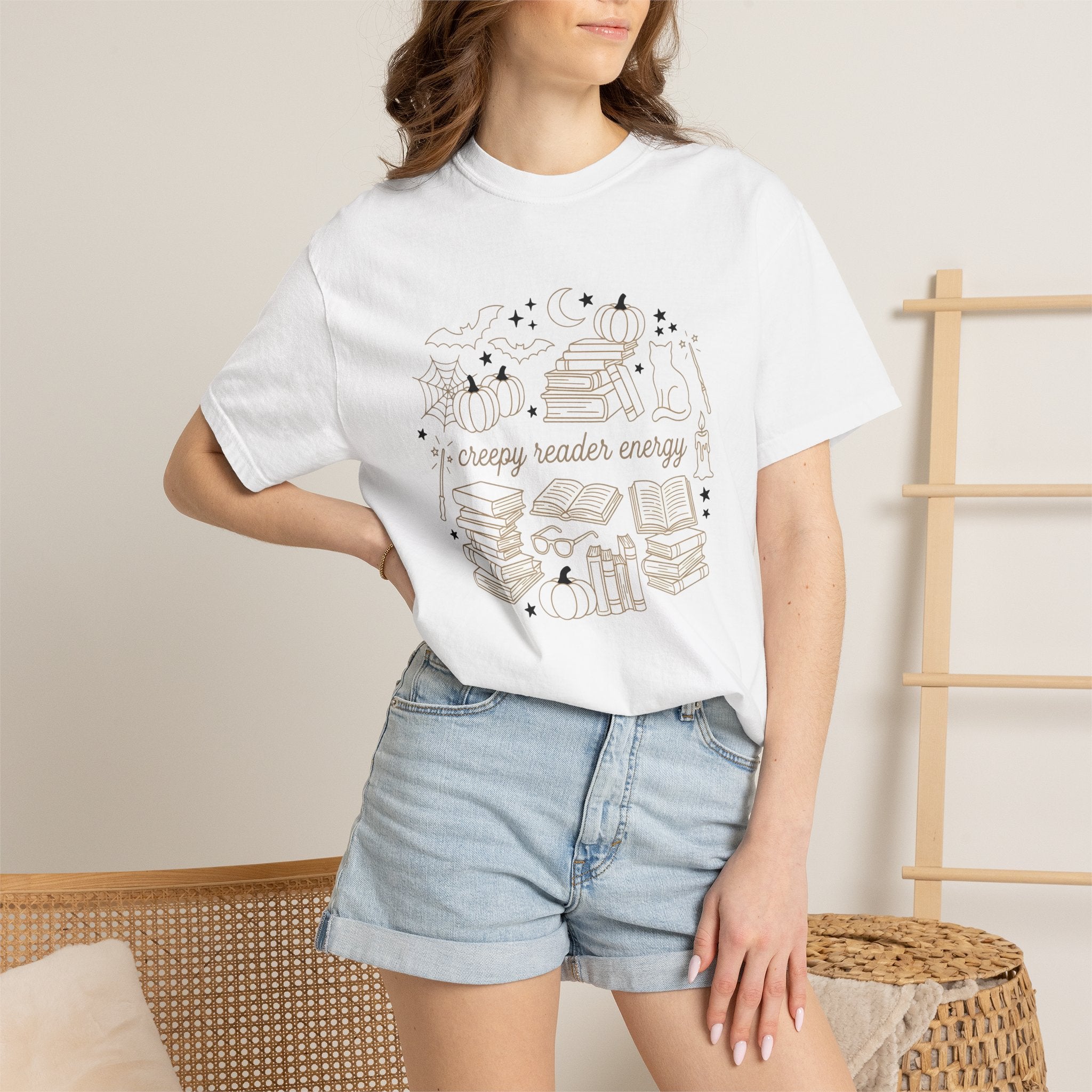 Creepy Book Pile Shirt Halloween Reader Gift Women Sketch Tee Book Stack T-Shirt Horror Fan Drawing Illustration Retro Jack-O-Lantern Tshirt
