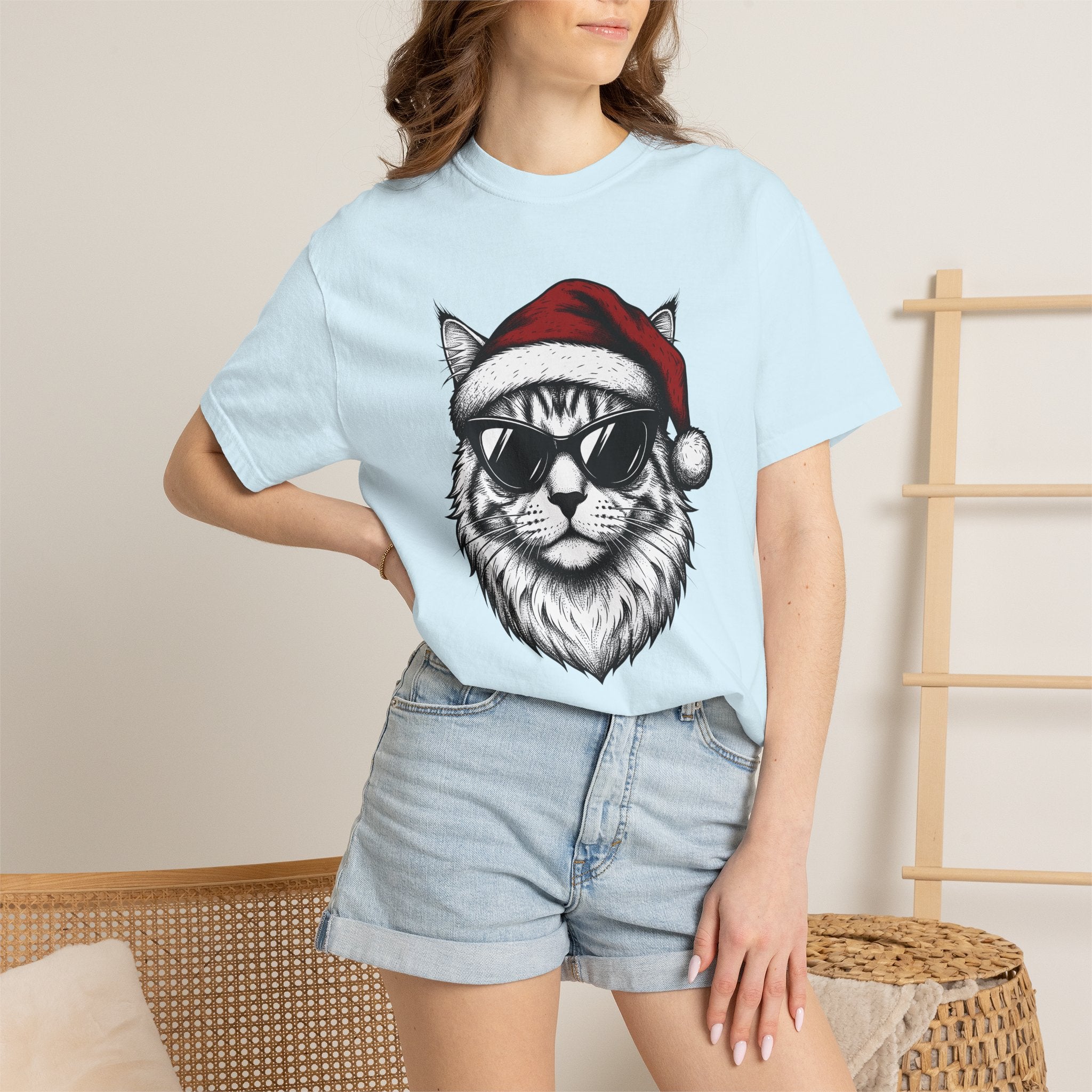 Kitten Santa Hat Shirt Christmas Animal Gift Women Line Art Tee Kitten Santa Hat T-Shirt Christmas Fan Kitty Graphic Cartoon Shades Tshirt