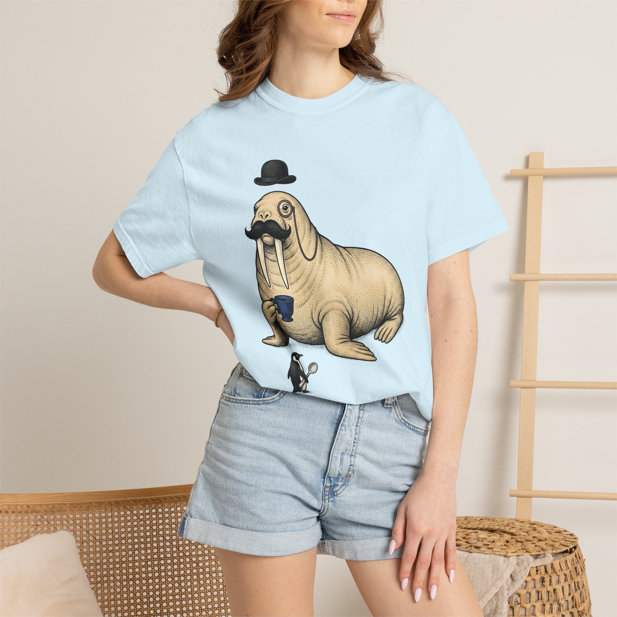 Walrus Tea Party Shirt Animals Humor Gift Women Vintage Tee Walrus T-Shirt Wildlife Fan Retro Tshirt Funny Graphic Hand Drawn Penguin Tshirt