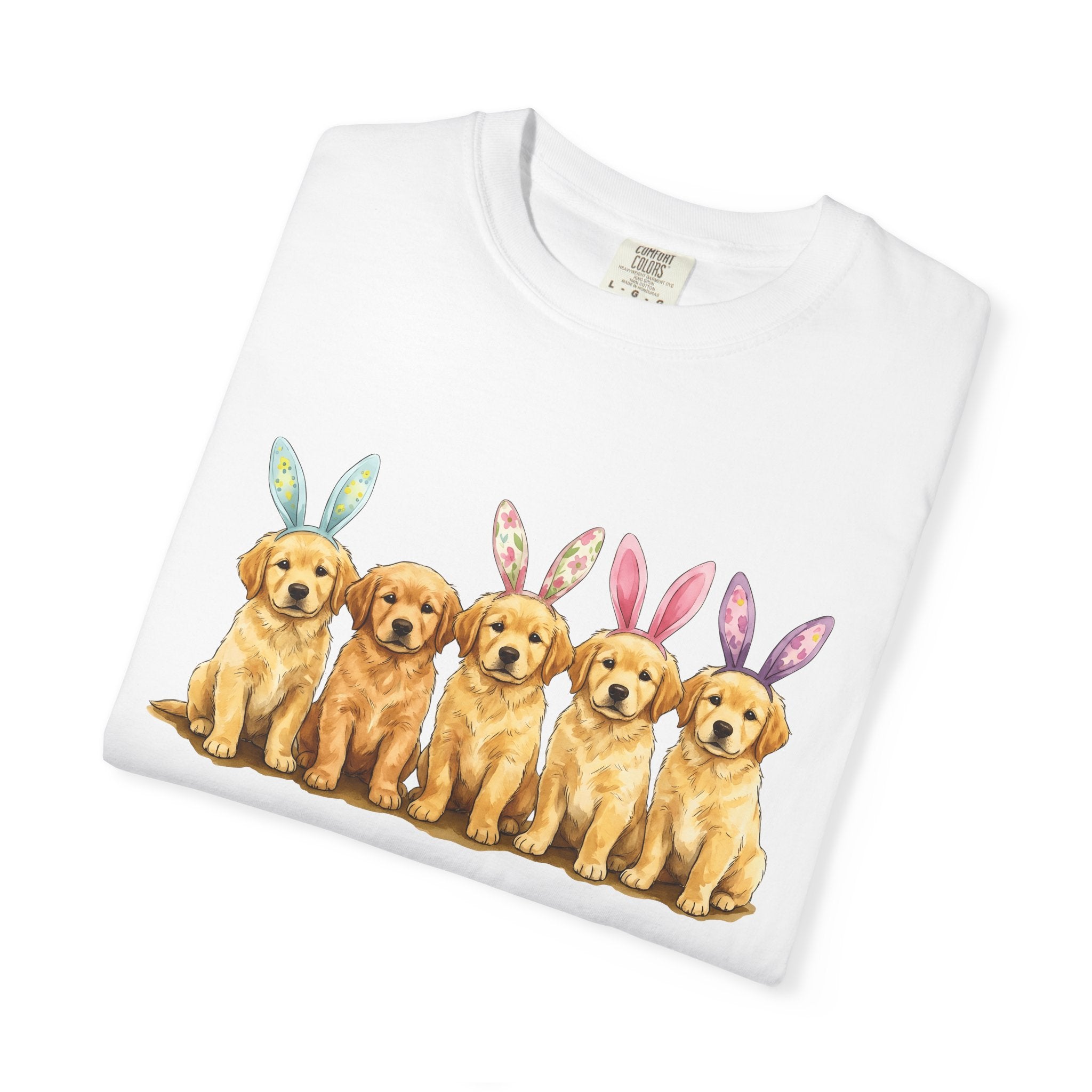 Golden Retriever Puppy Shirt Easter Companion Gift Women Pastel Tee Puppy T-Shirt Easter Fan Puppy Art Tshirt Friend Graphic Cartoon Bunny