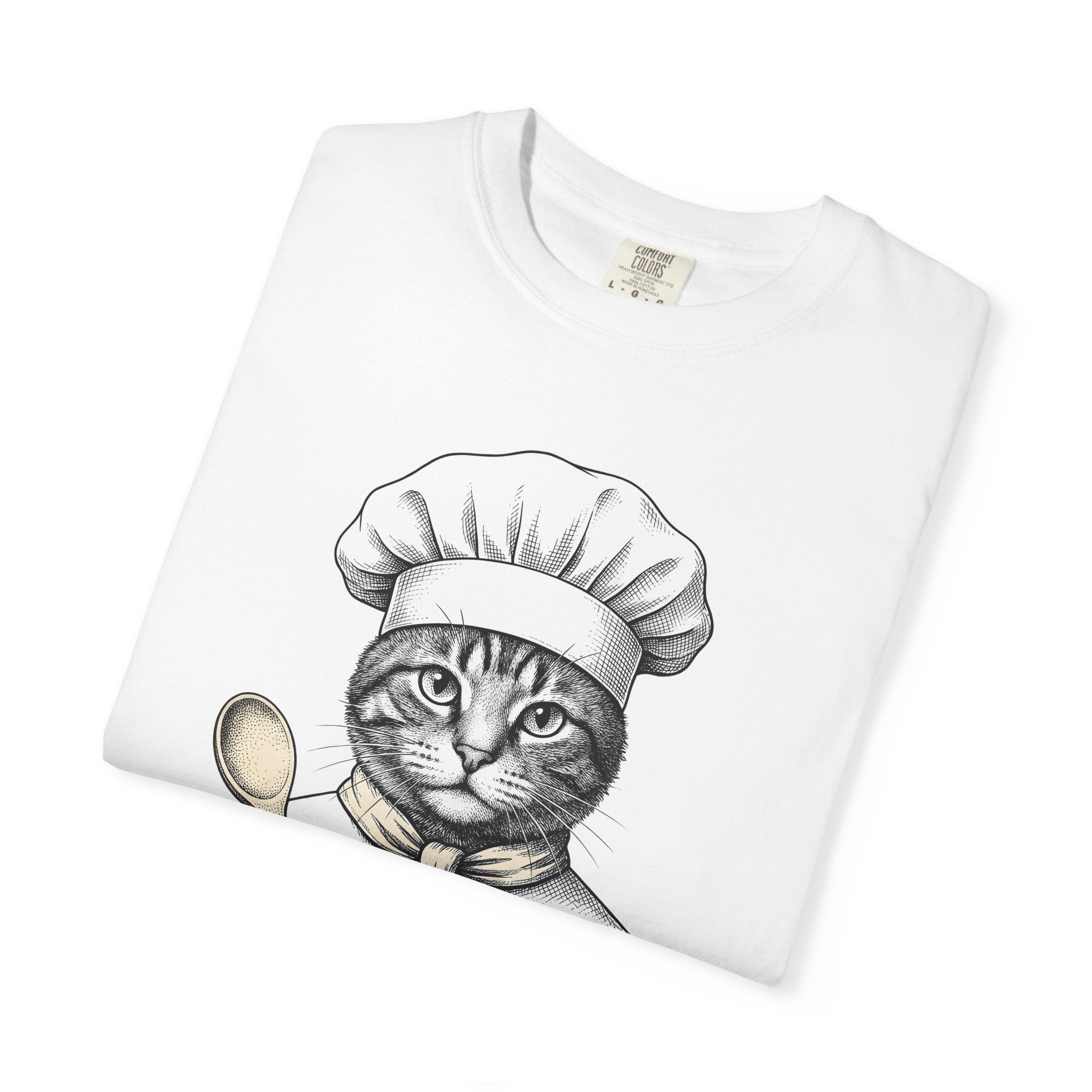 Cat Chef Shirt Cat Cookery Gift Women Cartoon Tee Kitten T-Shirt Cat Fan Feline Tshirt Cooking Graphic Hand Painted Wooden Utensil Tshirt