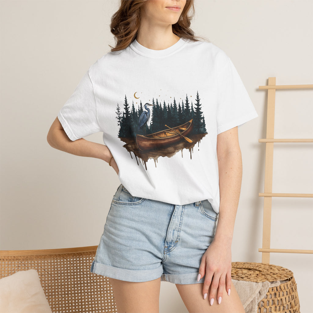 Kayak Bird Shirt Camping Exploration Gift Women Sketch Tee Heron T-Shirt Camper Fan Hand Drawn Tshirt Adventure Graphic Retro Fir Trees