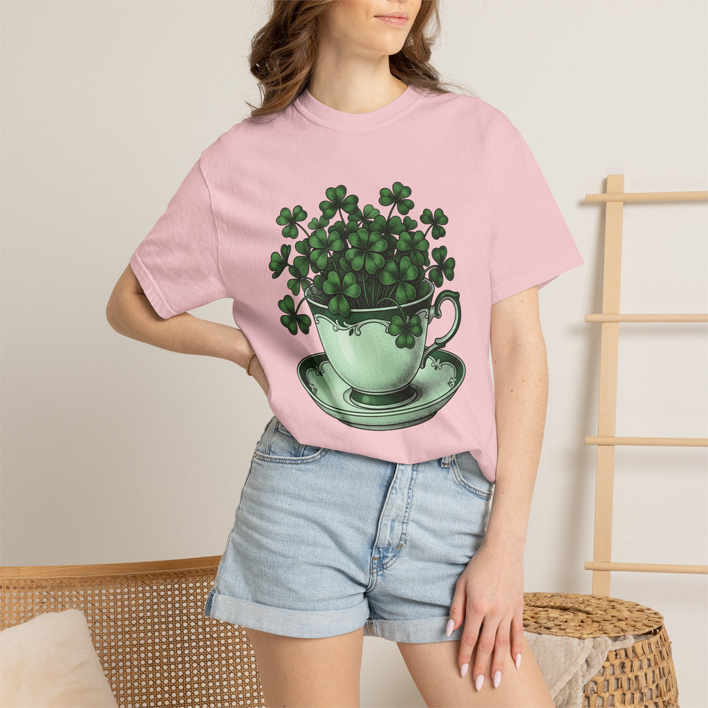 Clover Tea Cup Shirt St Patrick's Day Flower Gift Women Retro Tee Teacup T-Shirt Shamrock Fan Vintage Tshirt Floral Graphic Sketch Plate