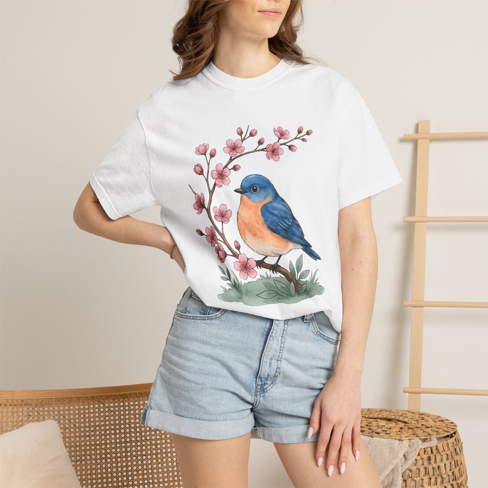 Bluebird Floral Shirt Easter Spring Gift Women Watercolor Tee Floral T-Shirt Easter Fan Painted Tshirt Seasonal Graphic Hand Drawn Cherry