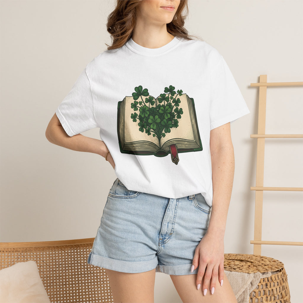 Lucky Leaf Book Shirt St Patrick's Day Amulet Gift Women Hand Drawn Tee Book T-Shirt Patrick's Day Enthusiast Illustrated Graphic Tshirt