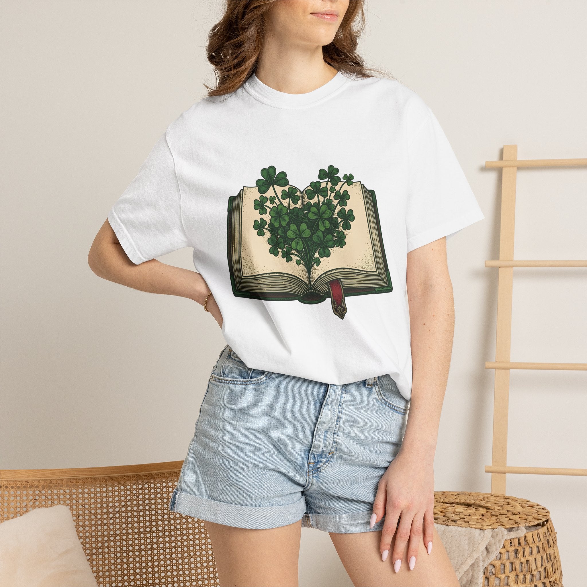 Lucky Leaf Book Shirt St Patrick's Day Amulet Gift Women Hand Drawn Tee Book T-Shirt Patrick's Day Enthusiast Illustrated Graphic Tshirt