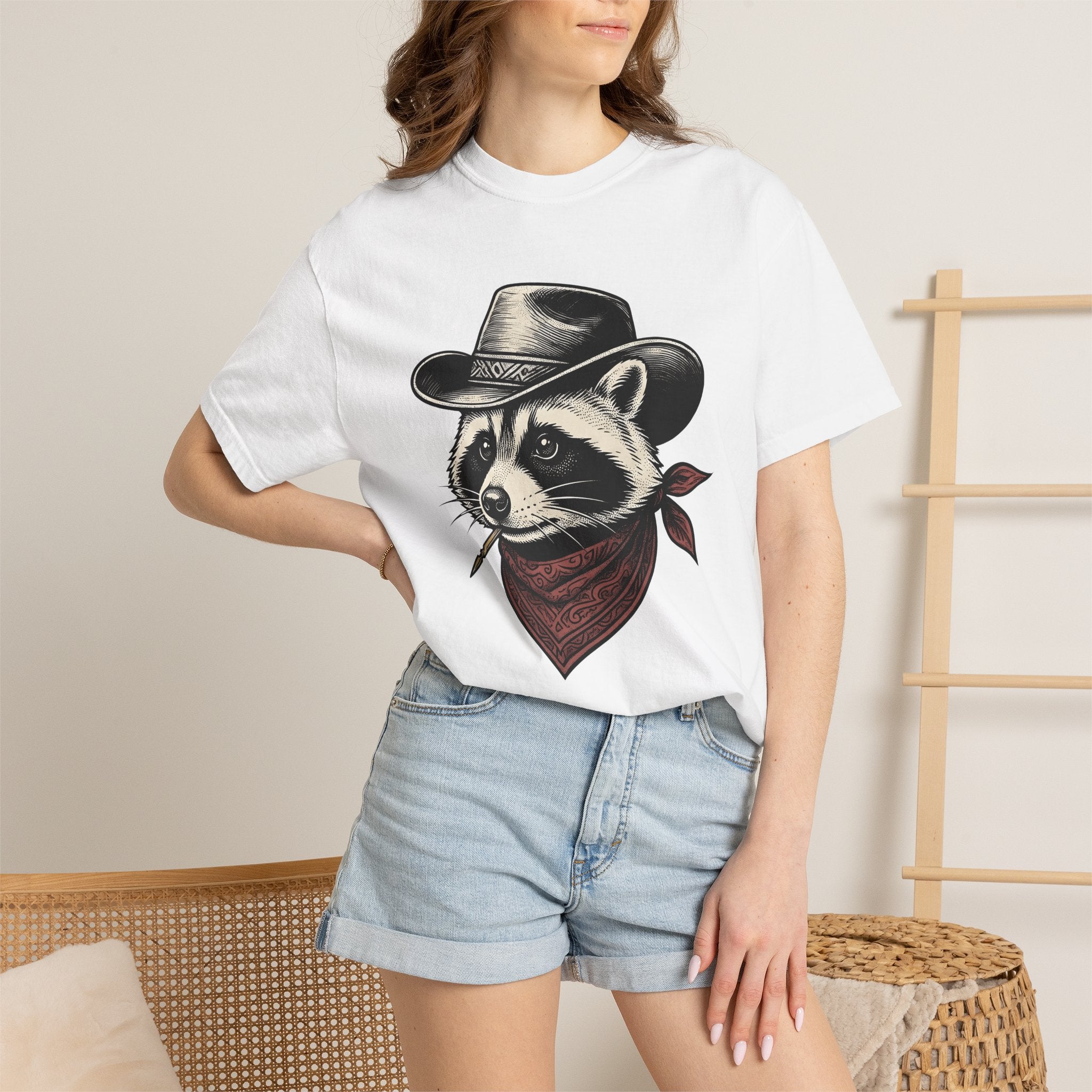 Raccoon Cowboy Shirt Animal Country Gift Women Retro Tee Trash Panda T-Shirt Wildlife Fan Vintage Tshirt Rural Graphic Sketch Scarf Tshirt