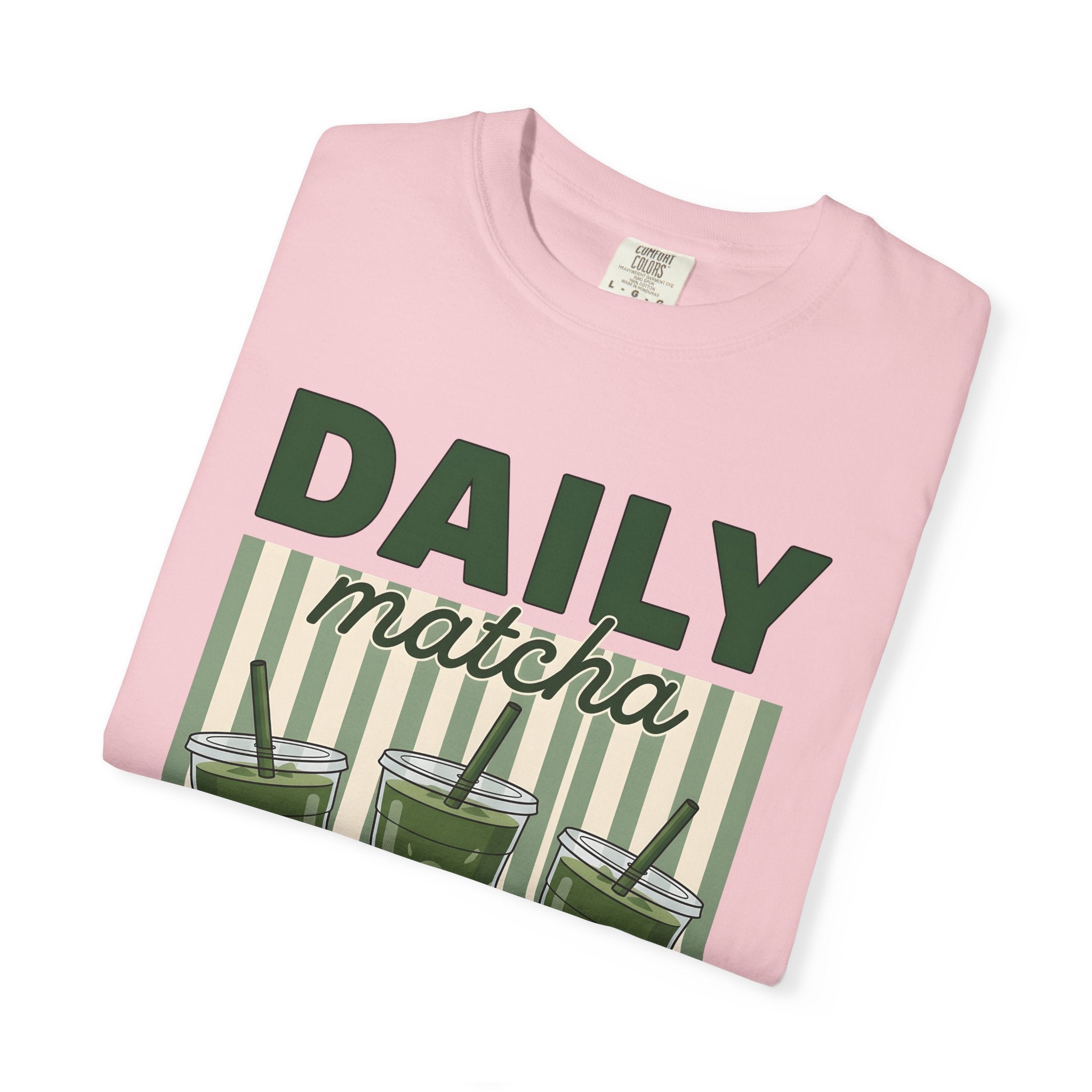 Matcha Drink Cups Shirt Drinks Foodie Gift Women Cartoon Tee Green Tea T-Shirt Beverage Fan Toon Tshirt Food Graphic Retro Striped