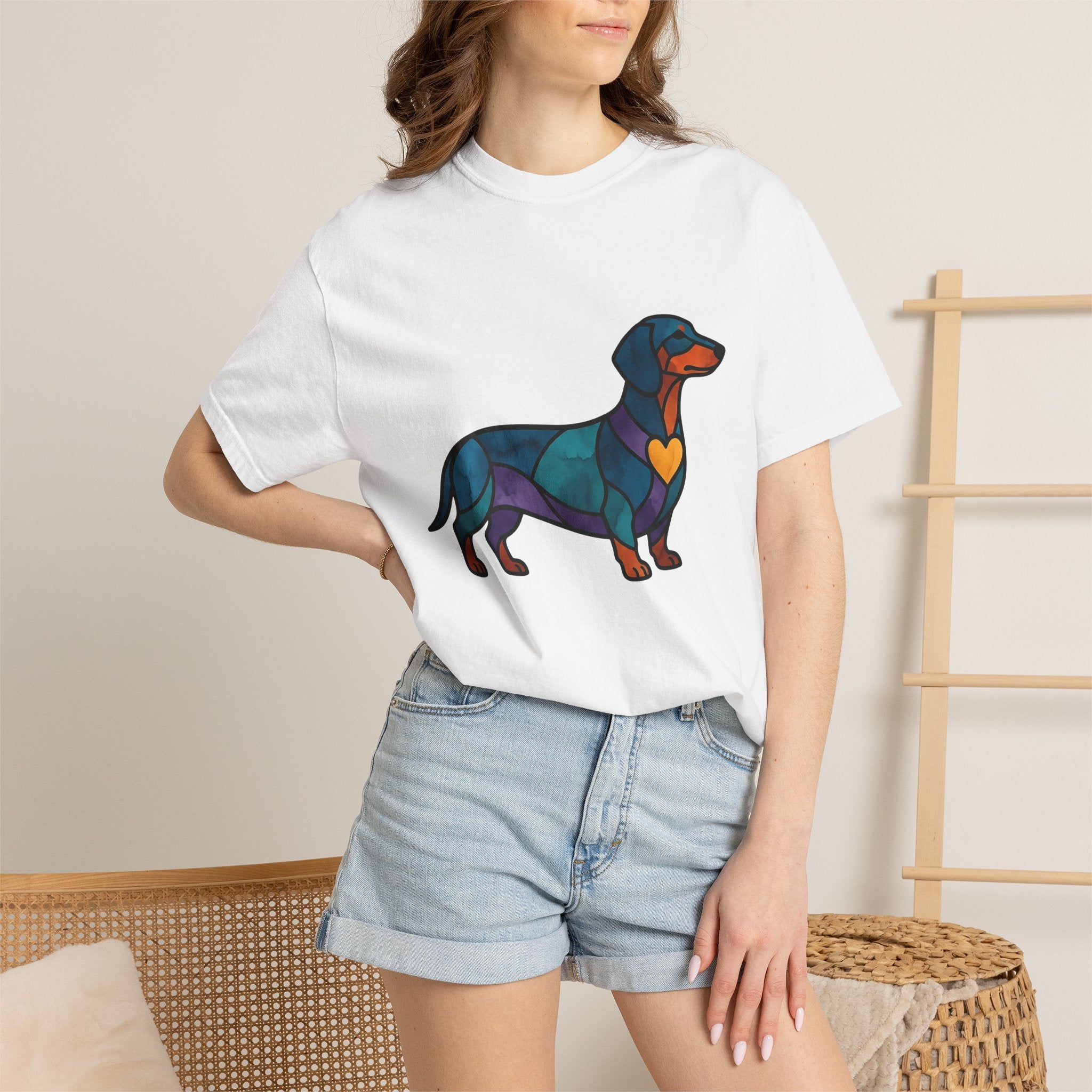 Wiener Dog Shirt Dog Creatures Gift Women Fused Glass Tee Dachshund T-Shirt Dog Fan Mosaic Tshirt Beast Graphic Brushwork Heart Shape Tshirt