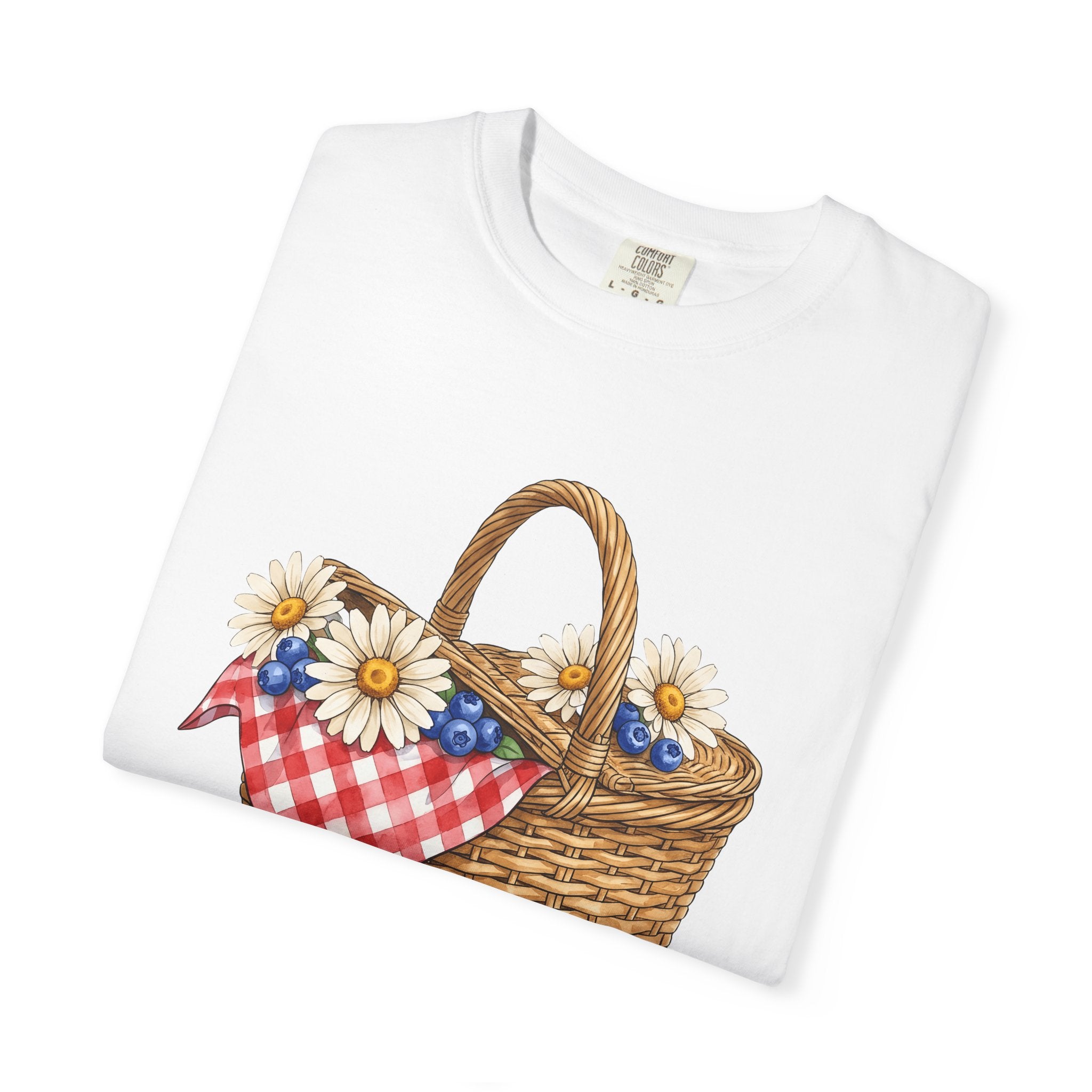 Picnic Basket Shirt 4th Of July Holiday Gift Women Sketch Tee Hamper T-Shirt Fireworks Fan Drawing Graphic Vintage Daisy Petals Tshirt