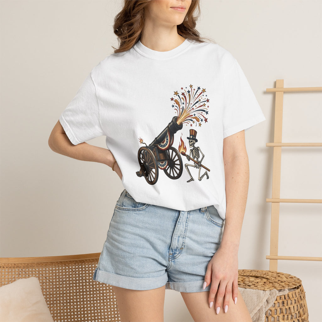 Skeleton Cannon Shirt 4th Of July Patriotic Gift Women Vintage Tee Cannon T-Shirt Independence Day Enthusiast Distressed Tshirt Star