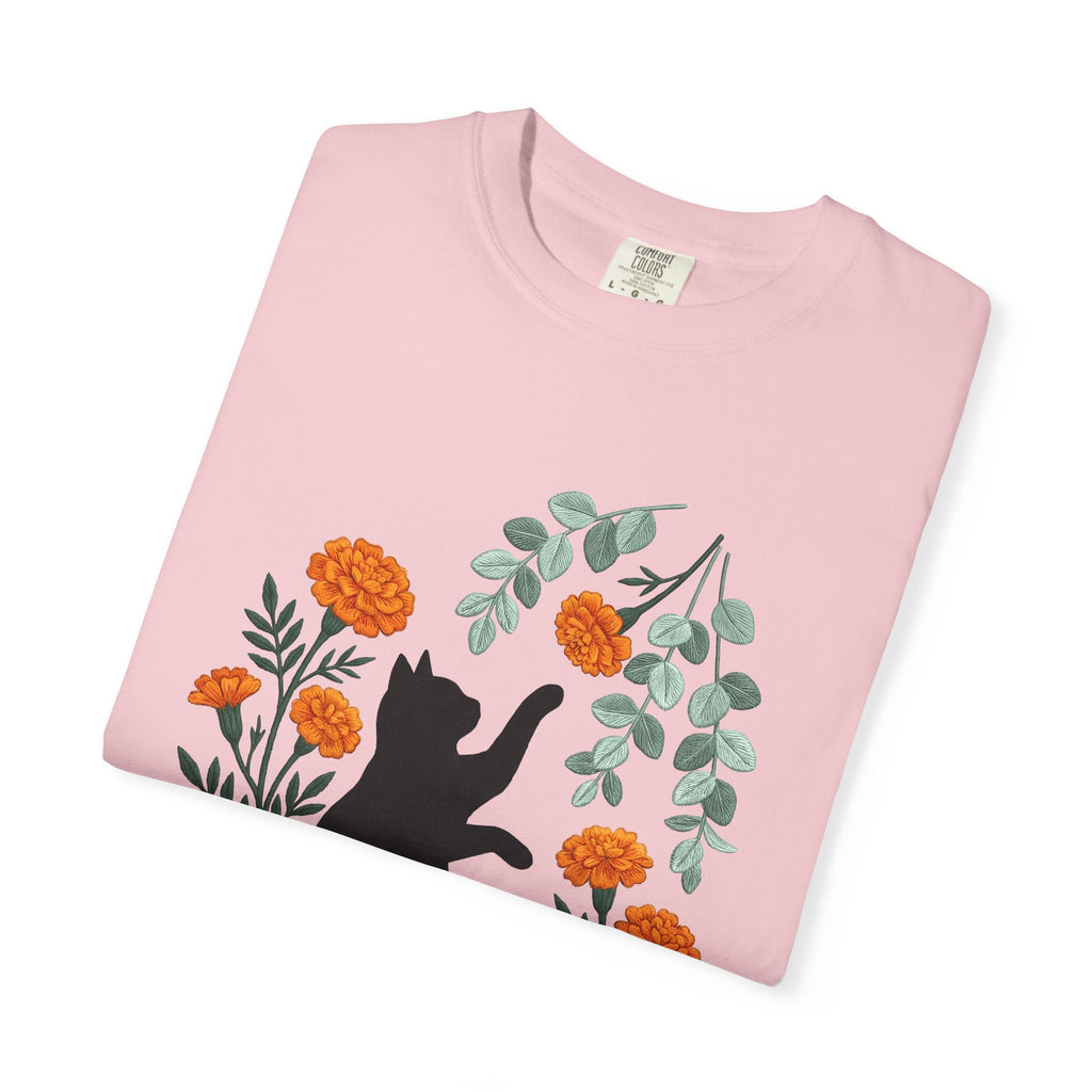 Black Puss Shirt Cat Greenery Gift Women Needlework Tee Cat T-Shirt Cat Fan Embroidery Tshirt Foliage Graphic Plant Orange Petals Tshirt