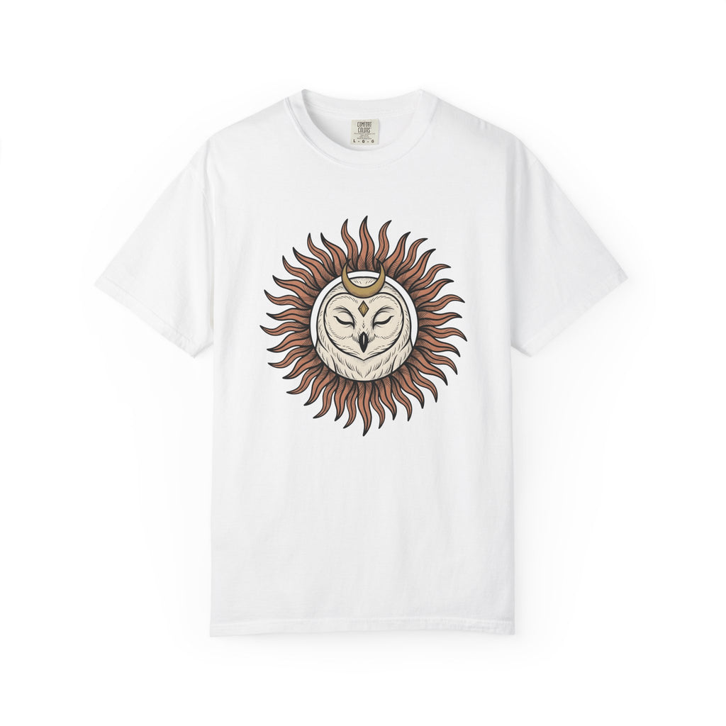 Owl Sun Shirt Boho Chic Magic Gift Women Tribal Tee Hoot T-Shirt Hippie Fan Ethnic Tshirt Mystical Graphic Sketch Crescent Moon Tshirt