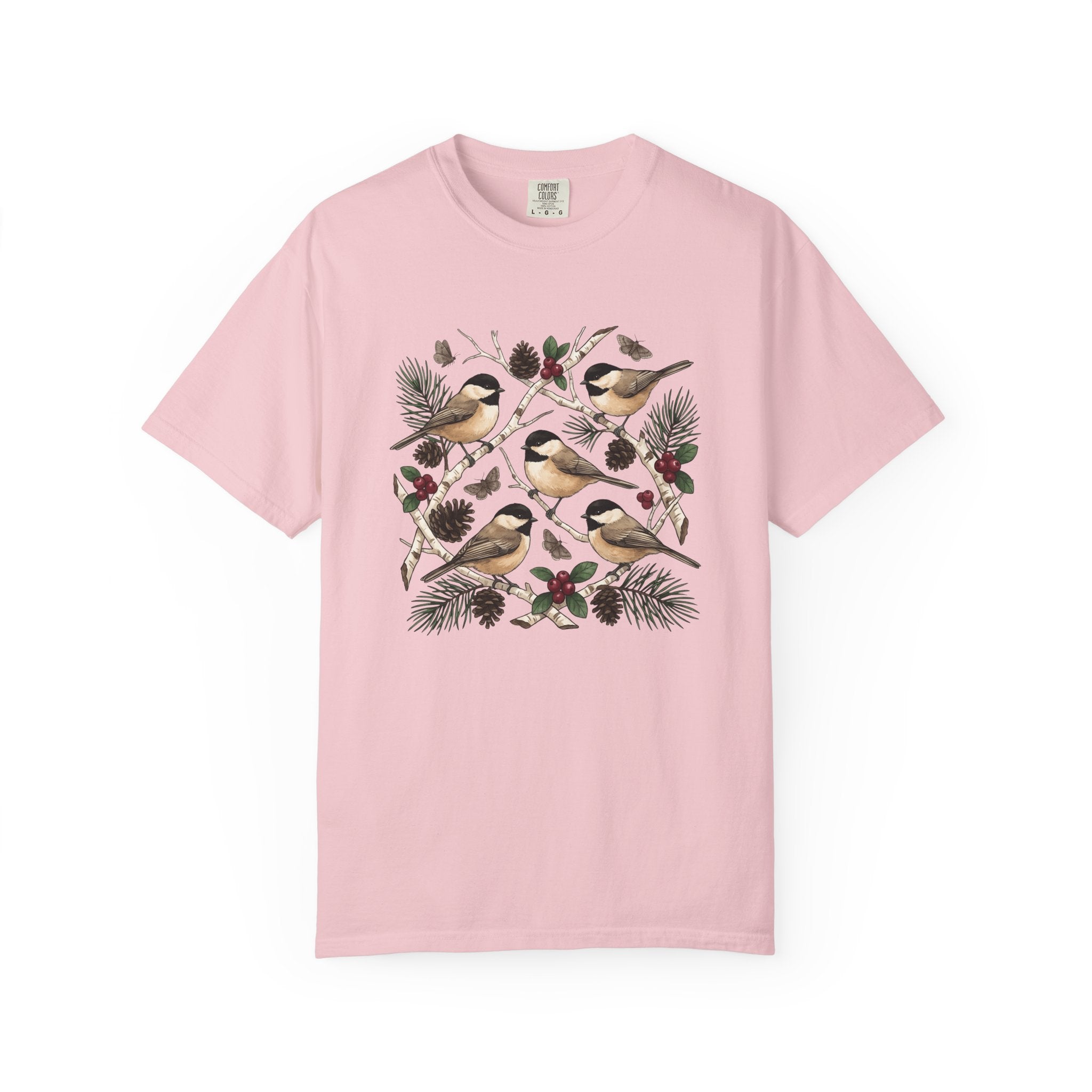 Chickadee Bird Shirt Animals & Flowers Outdoors Gift Women Herbaceous Tee Titmouse T-Shirt Wildlife Enthusiast Botanical Tshirt Nature