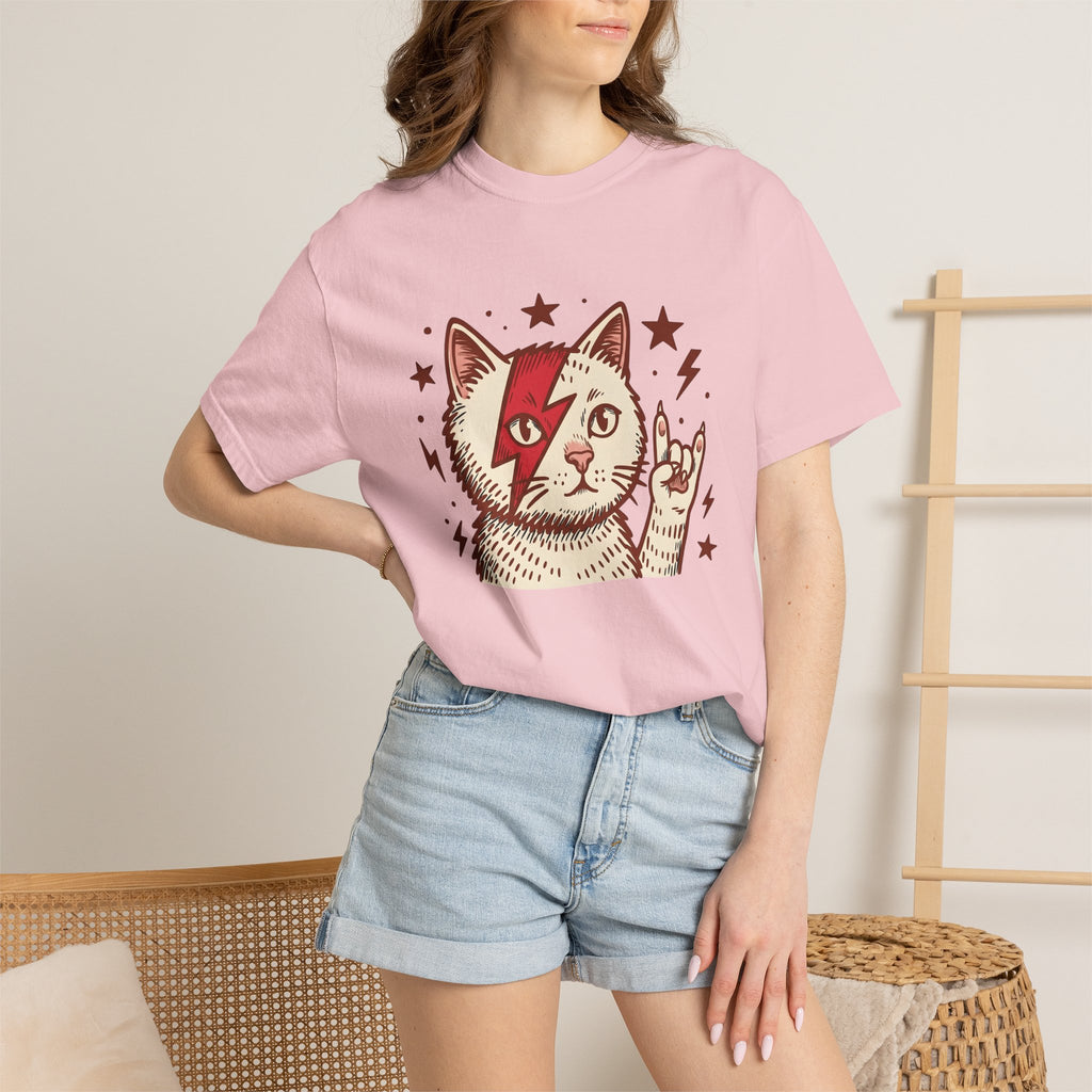 Rock Cat Shirt Cat Music Gift Women Bold Graphic Tee Kitty T-Shirt Feline Fan Graphic Design Musician Graphic Retro Stars Tshirt