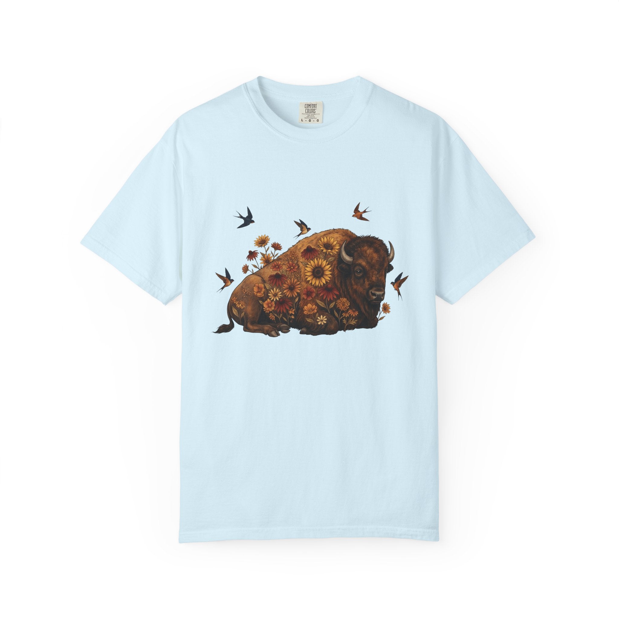 Bison Blossom Shirt Animals Wildlife Gift Women Folk Tee Buffalo T-Shirt Creature Fan Folk Art Tshirt Wildlife Graphic Throwback Swallow