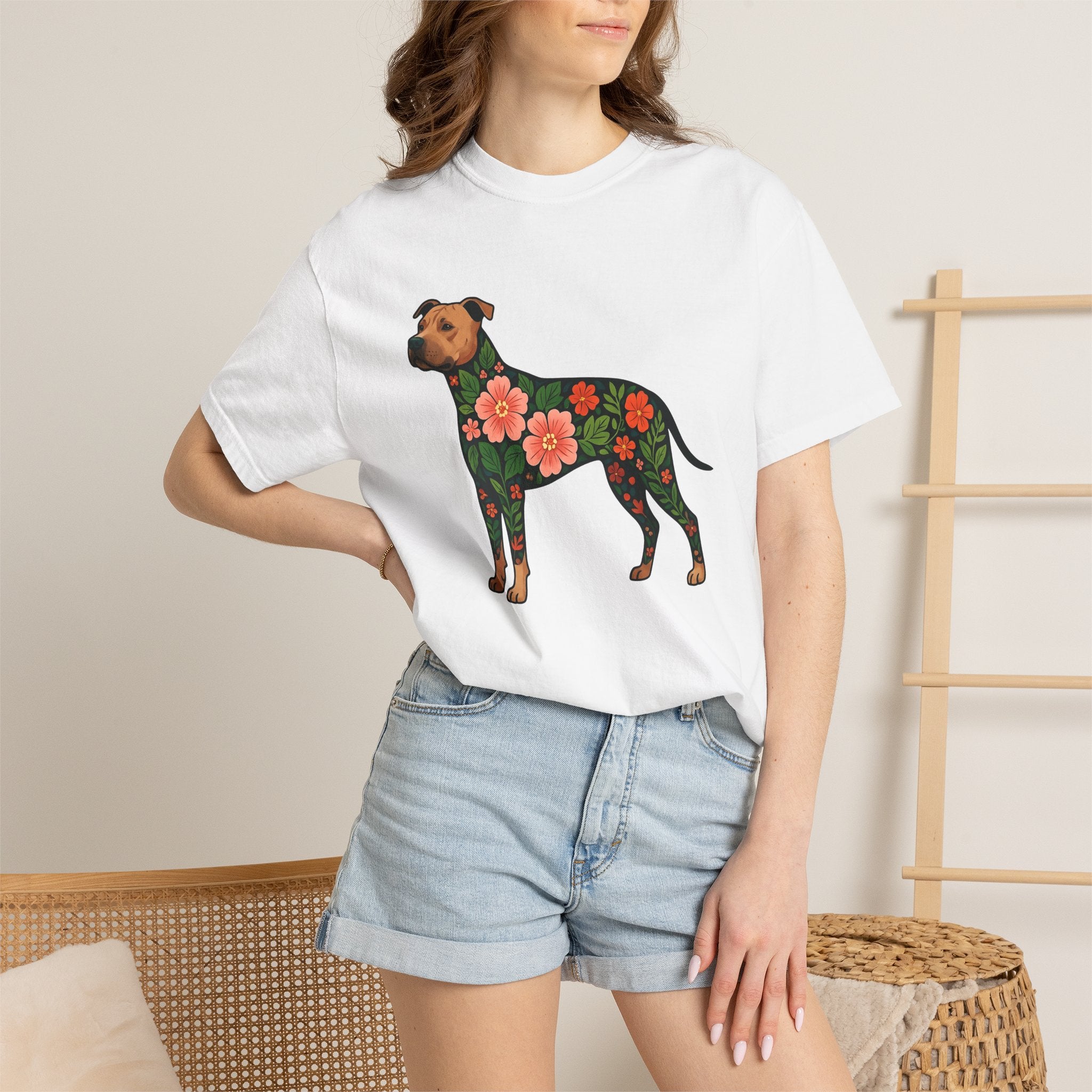 Pitbull Dog Shirt Dog Flora Gift Women Botanical Tee Pibble T-Shirt Dog Fan Herbaceous Graphic Tshirt Ethnic Floral Print Tshirt