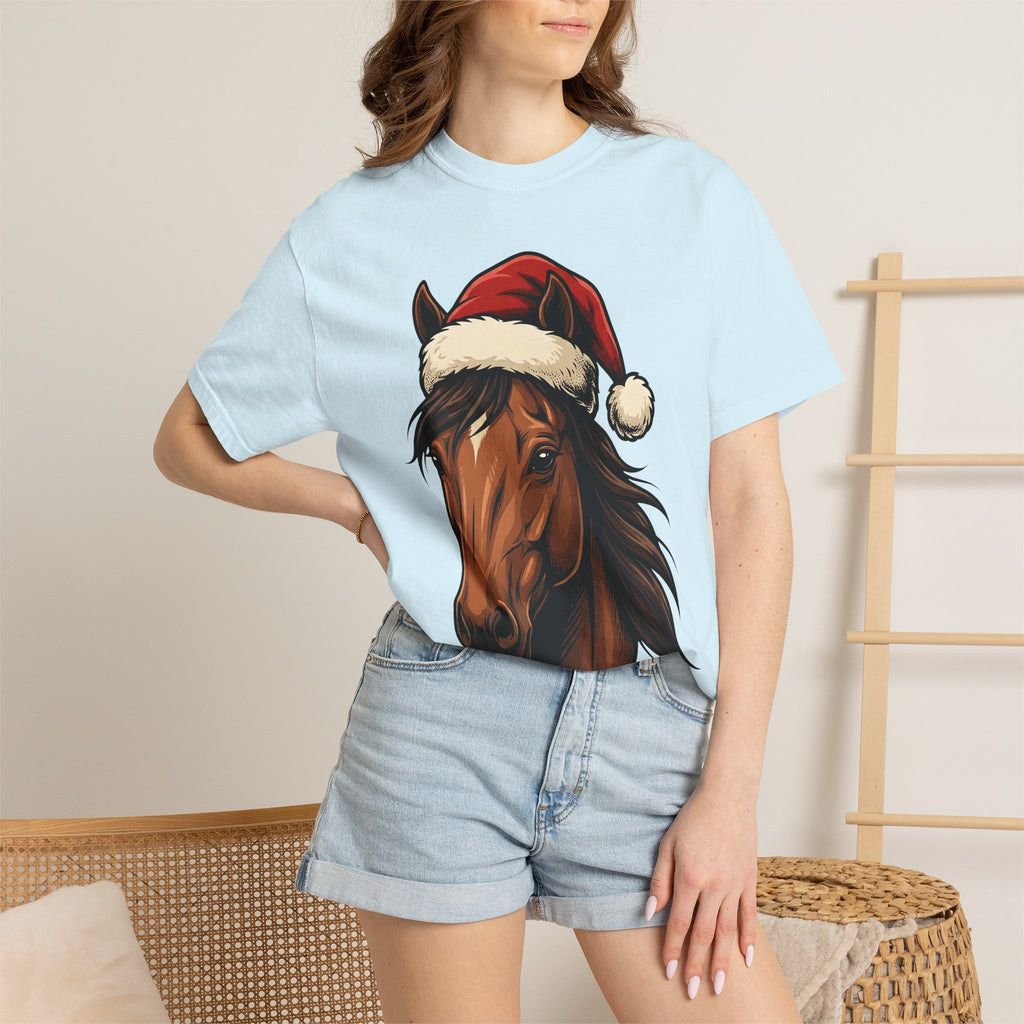 Horse Santa Hat Shirt Christmas Animal Gift Women Line Art Tee Equine T-Shirt Xmas Fan Horse Drawing Graphic Sketch Santa Hat Tshirt