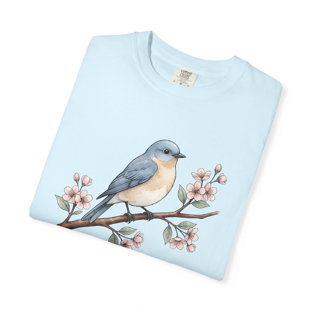 Bluebird Bloom Shirt Boho Chic Wildlife Gift Women Line Art Tee Bluebird T-Shirt Bohemian Fan Illustration Graphic Tshirt Ink Blossom Branch