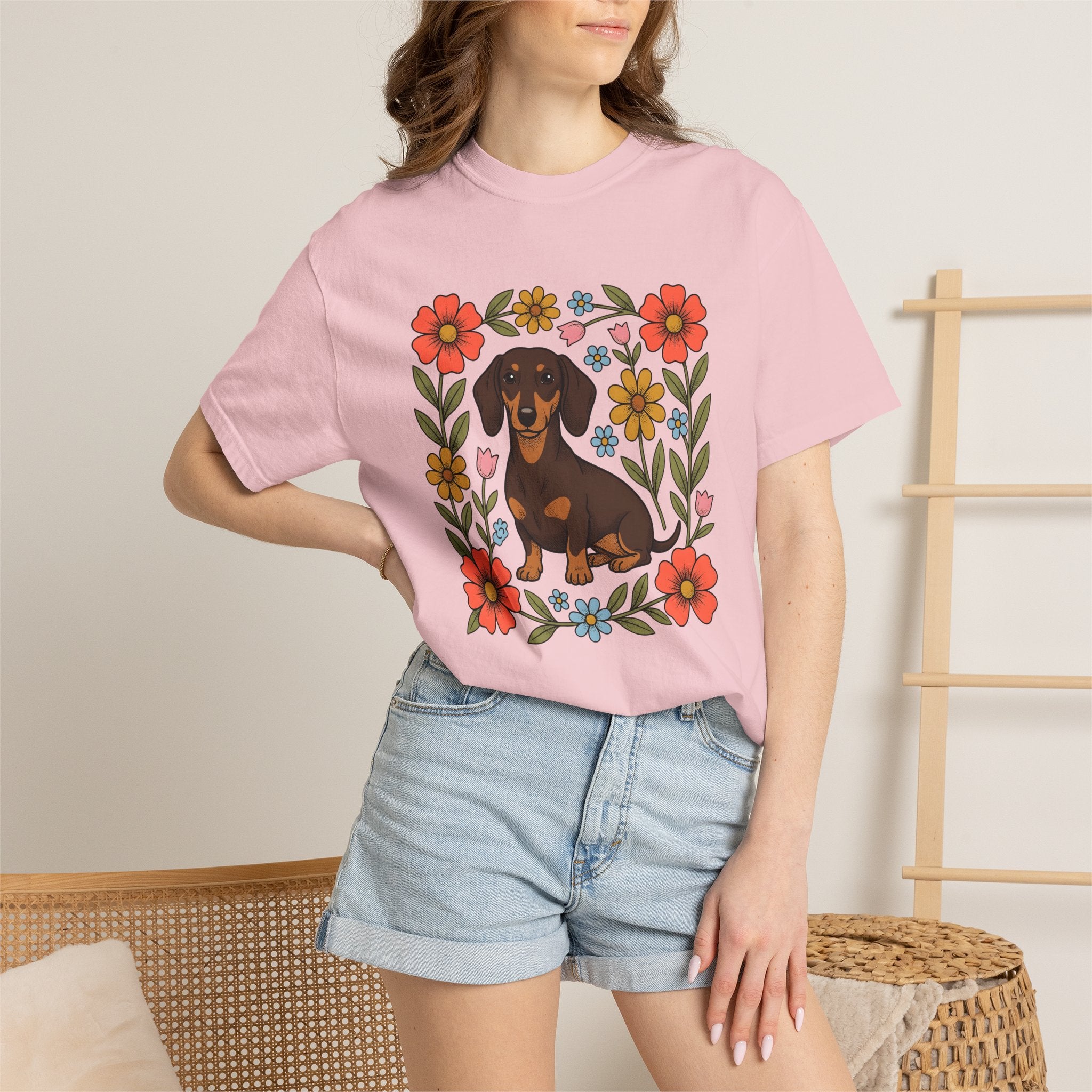 Dachshund Hound Shirt Dog Garden Gift Women Ethnic Tee Wiener Dog T-Shirt Dog Fan Tribal Tshirt Yard Graphic Antique Garland Frame Tshirt