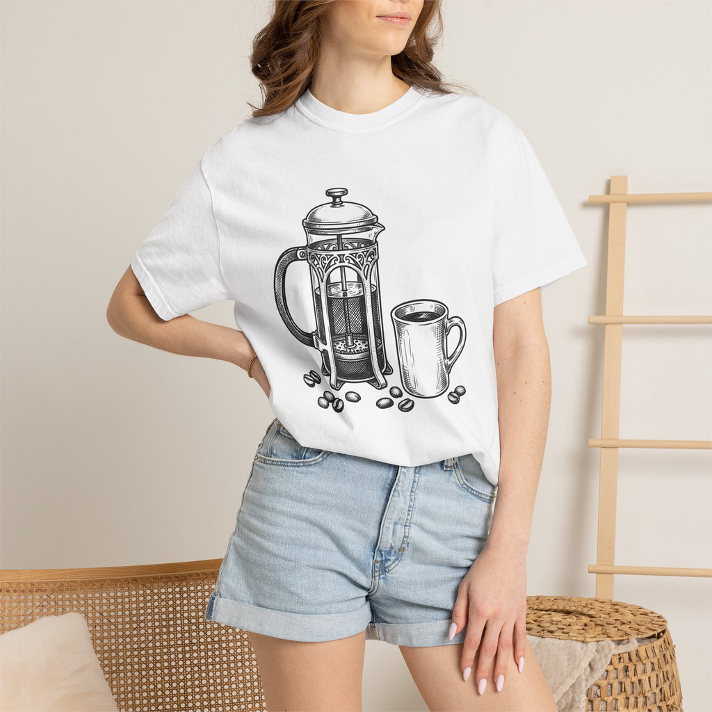 French Press Brew Shirt Coffee Bakeware Gift Women Classic Tee Cafetiere T-Shirt Coffee Fan Vintage Tshirt Baking Graphic Line Art Roasted