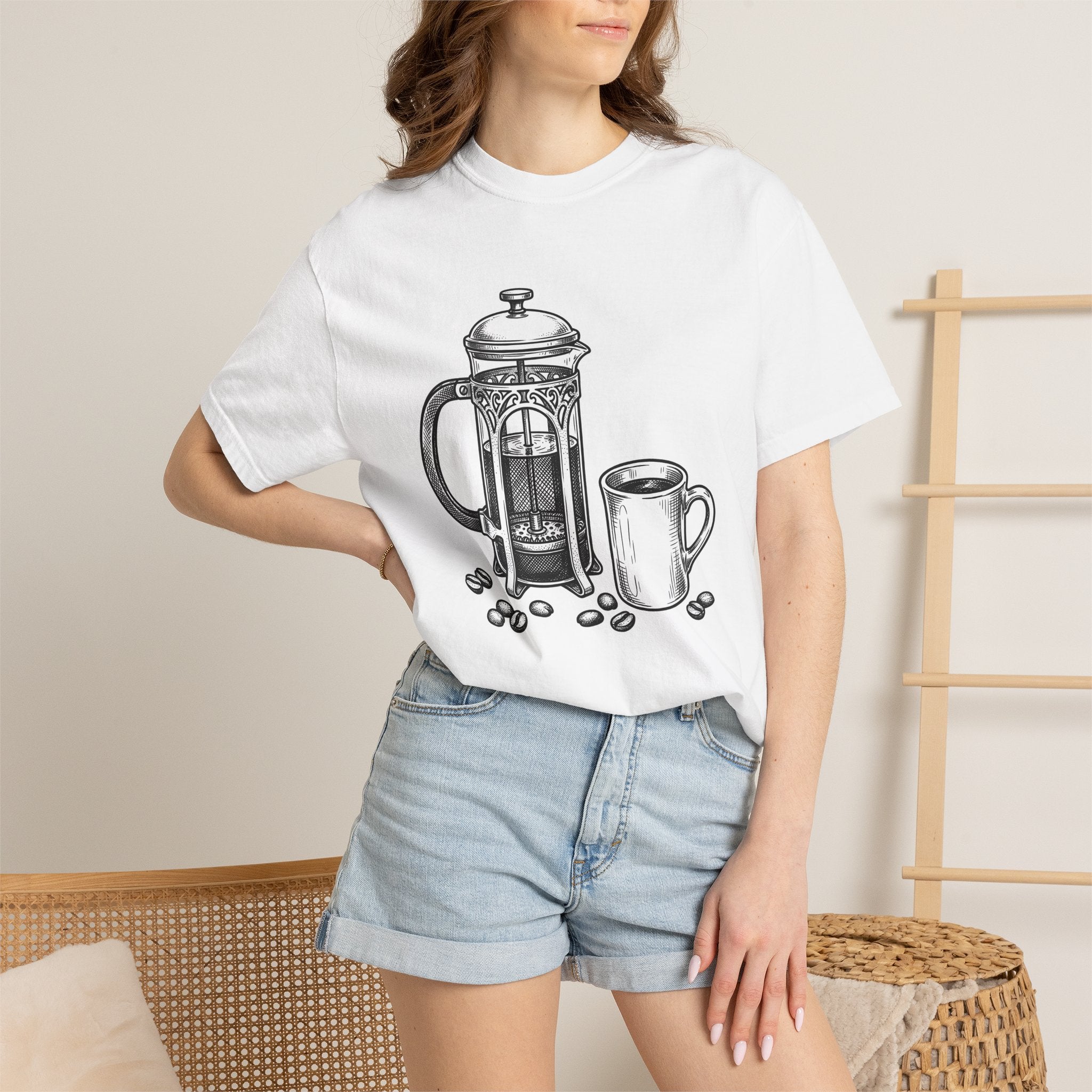 French Press Brew Shirt Coffee Bakeware Gift Women Classic Tee Cafetiere T-Shirt Coffee Fan Vintage Tshirt Baking Graphic Line Art Roasted