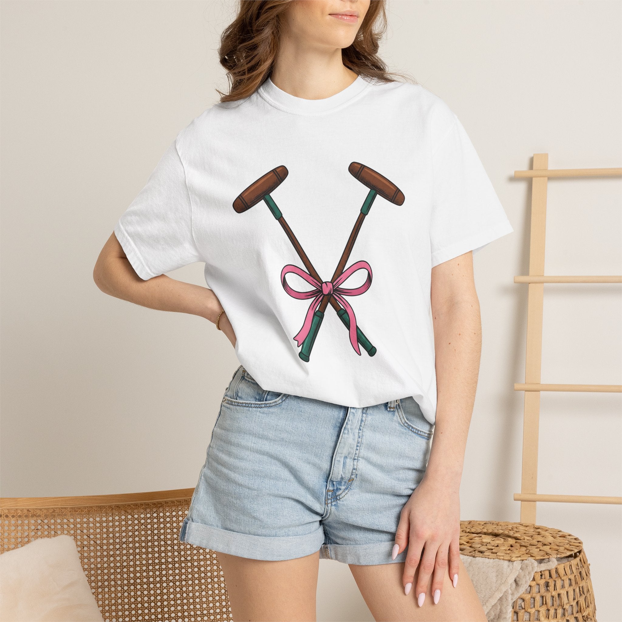 Polo Sticks Shirt Sports Horseback Gift Women Sketch Tee Mallet T-Shirt Athlete Fan Polo Illustration Retro Blush Ribbon Tshirt