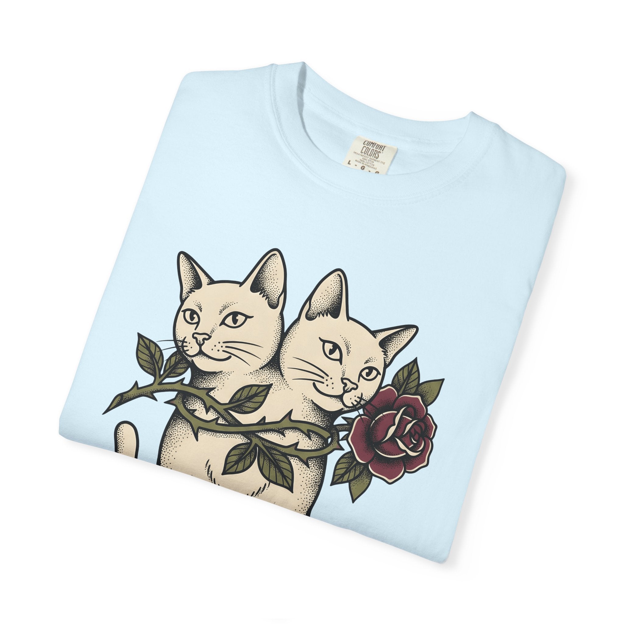 Dual-Headed Feline Shirt Cat Flower Art Gift Women Illustrative Tattoo Tee Cat T-Shirt Cat Fan Tattooed Tshirt Floral Graphic Old School